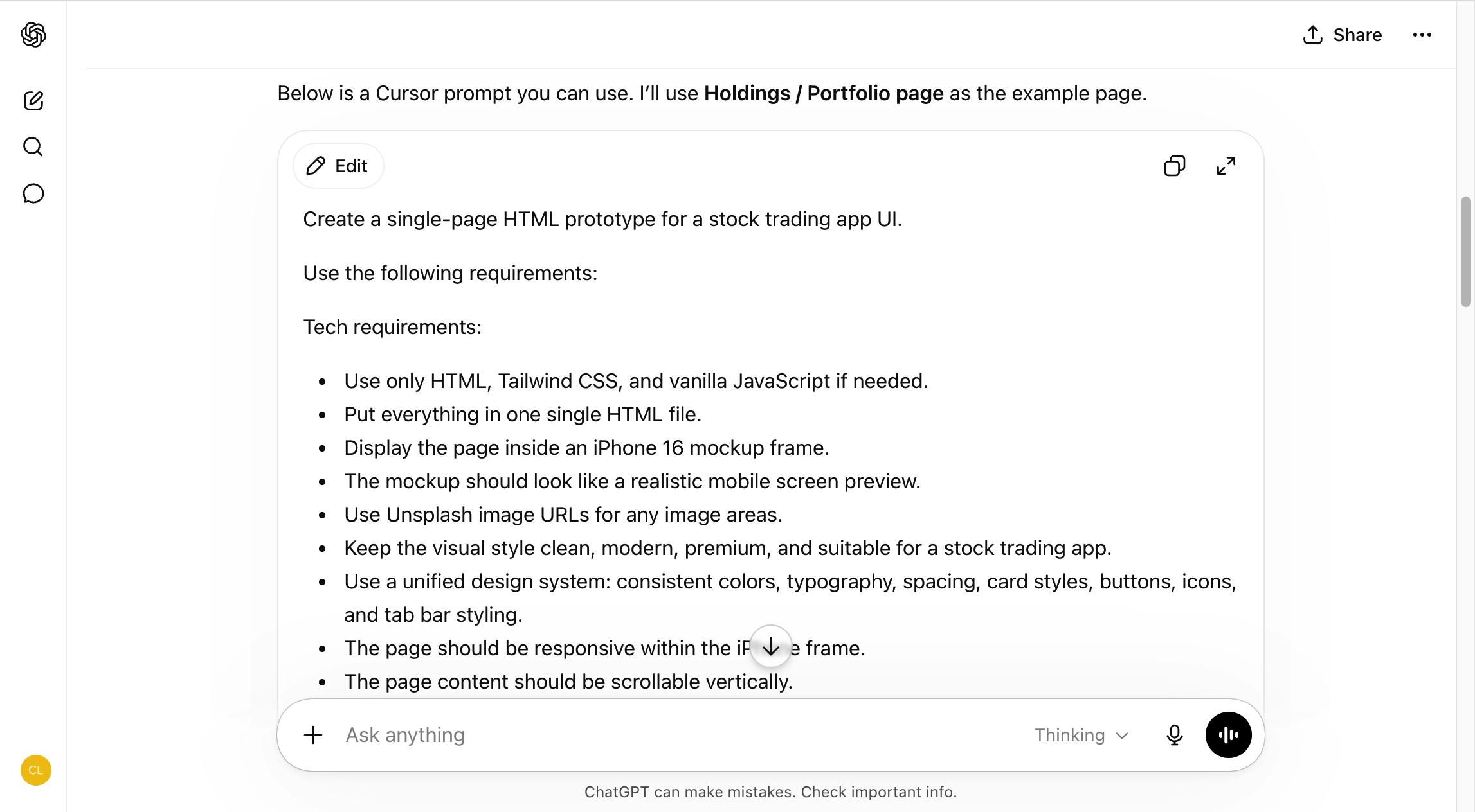 ChatGPT generated Cursor prompt for FinTech app UI page structure