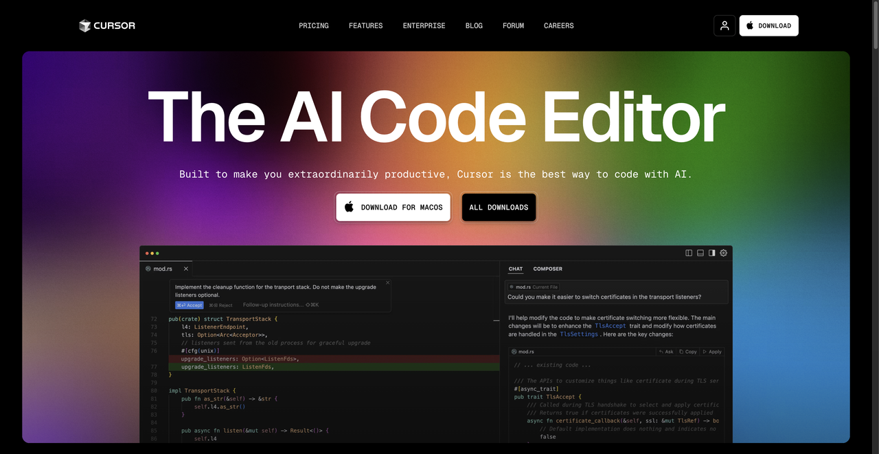 Cursor website for installing the AI code editor before vibe coding