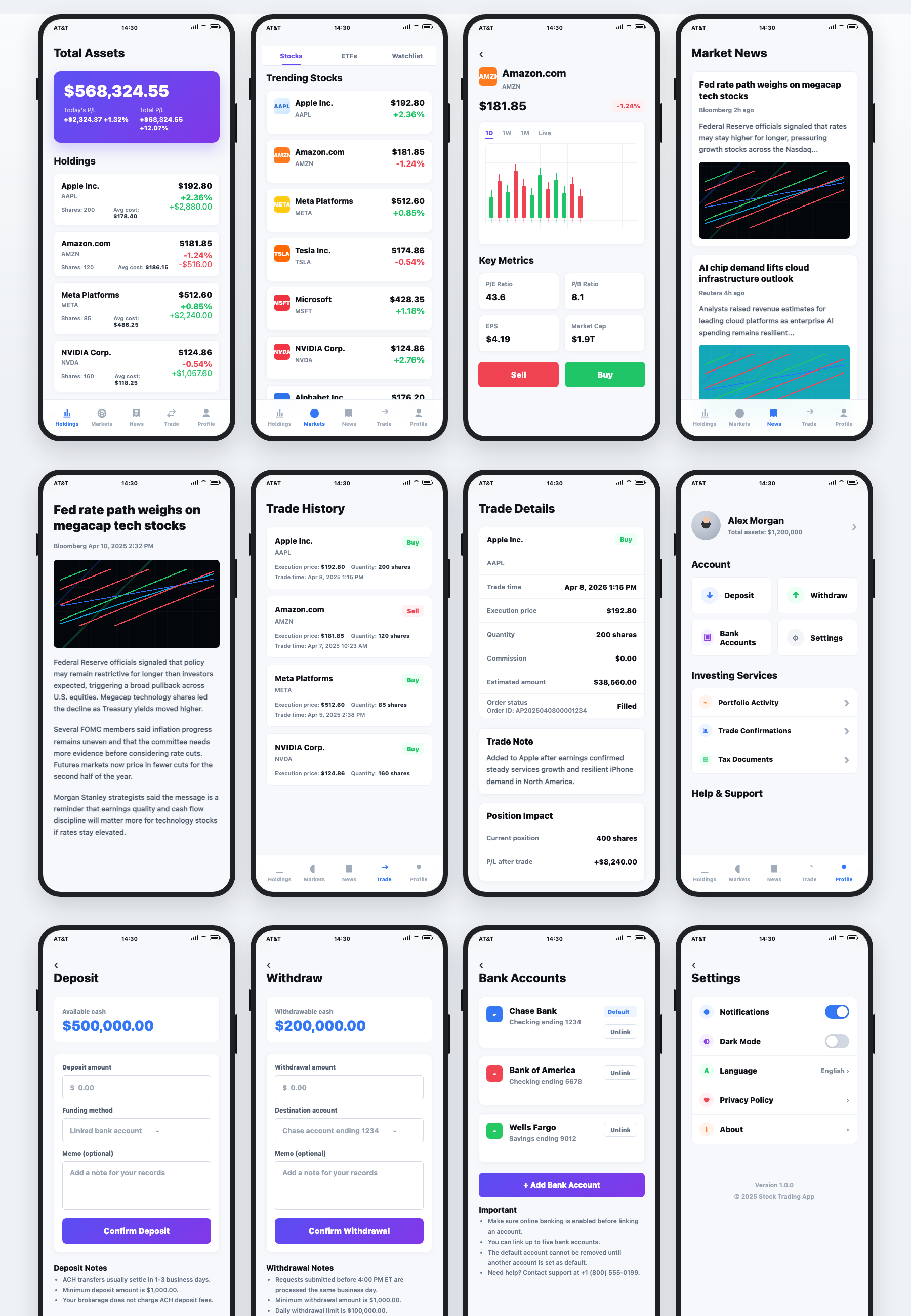 Generated FinTech mobile app screens for trading market news and settings