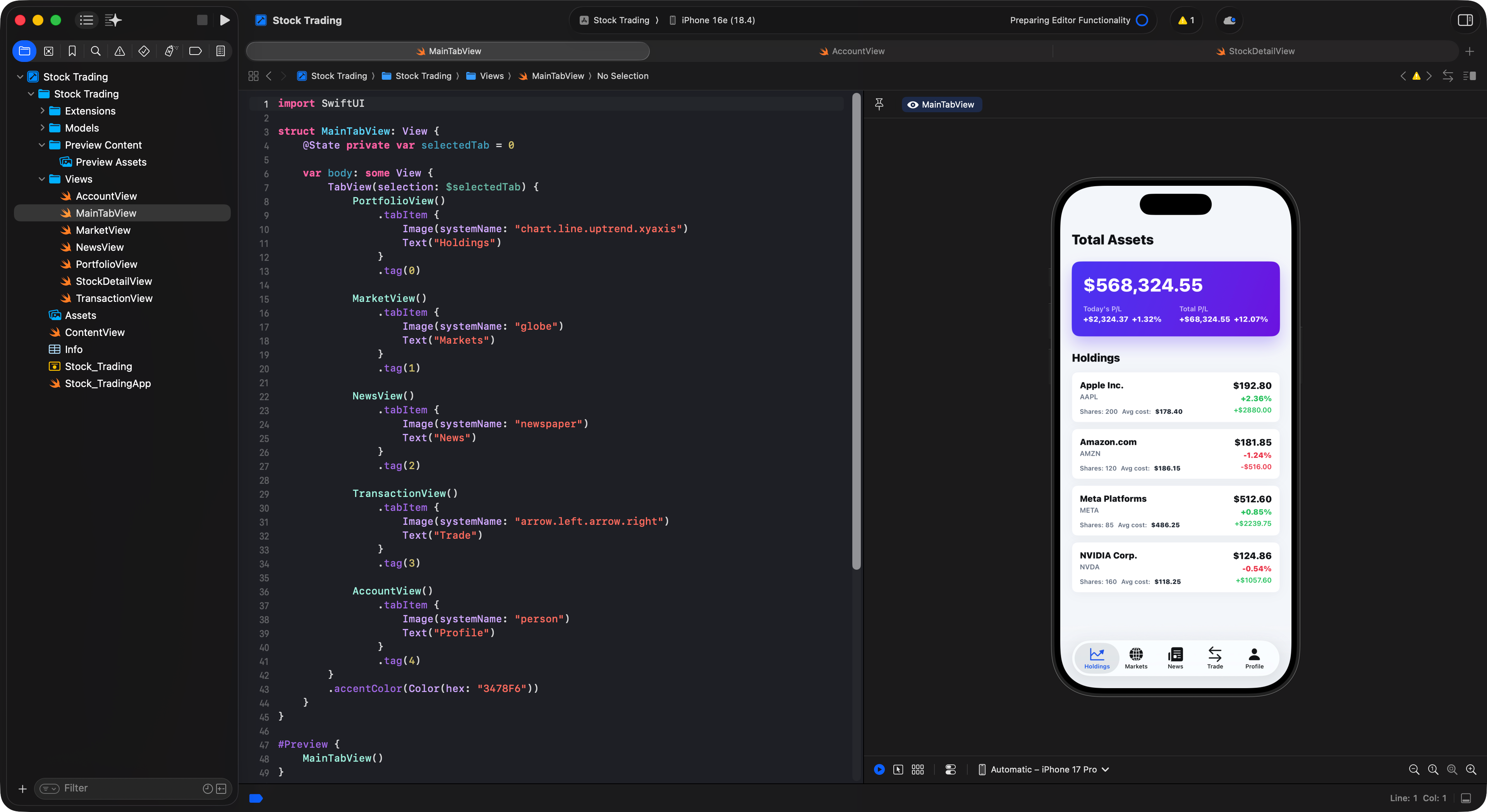 Xcode simulator preview of the FinTech portfolio page built with Cursor