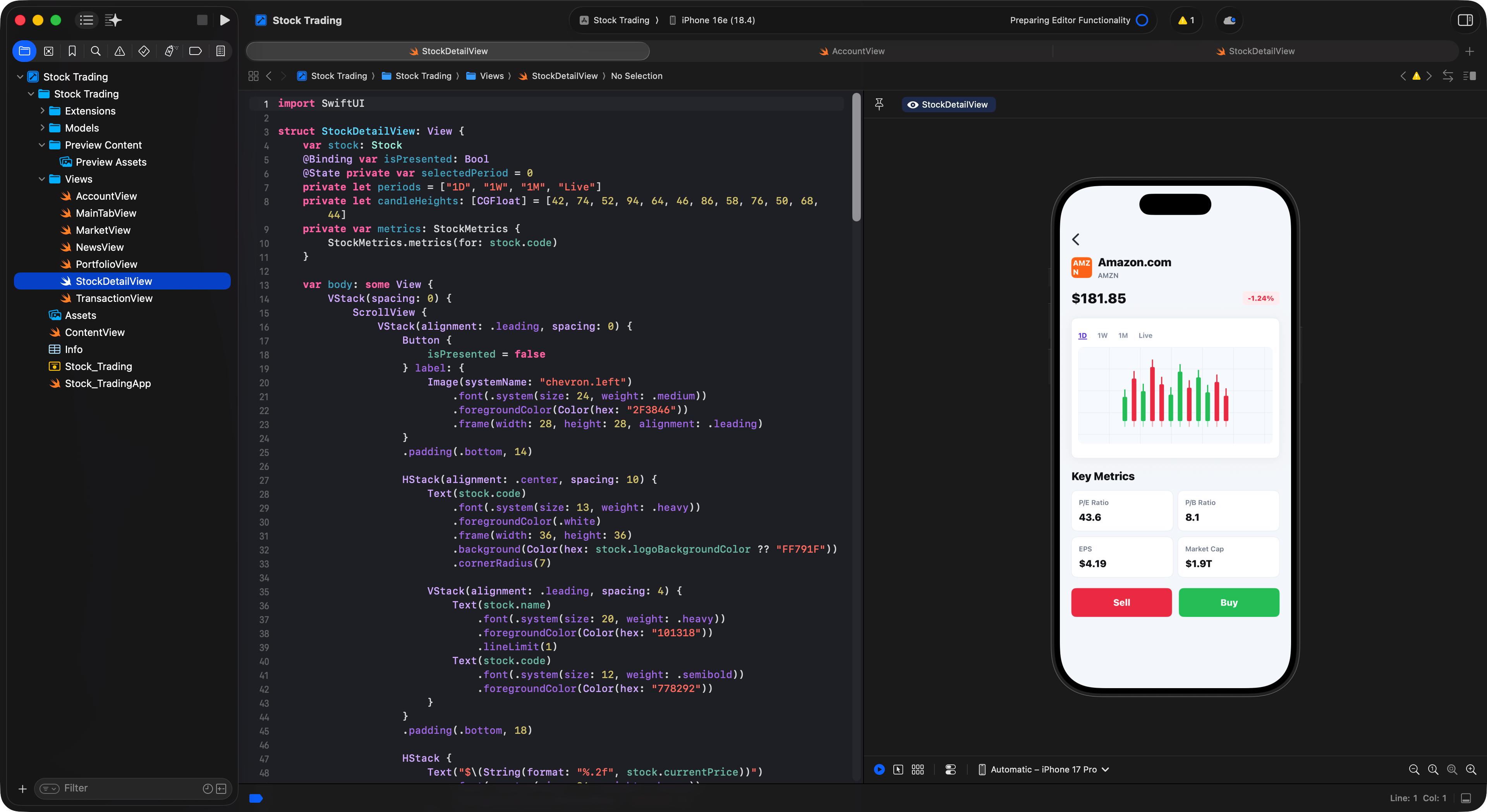 Xcode simulator preview of the FinTech market page built with Cursor