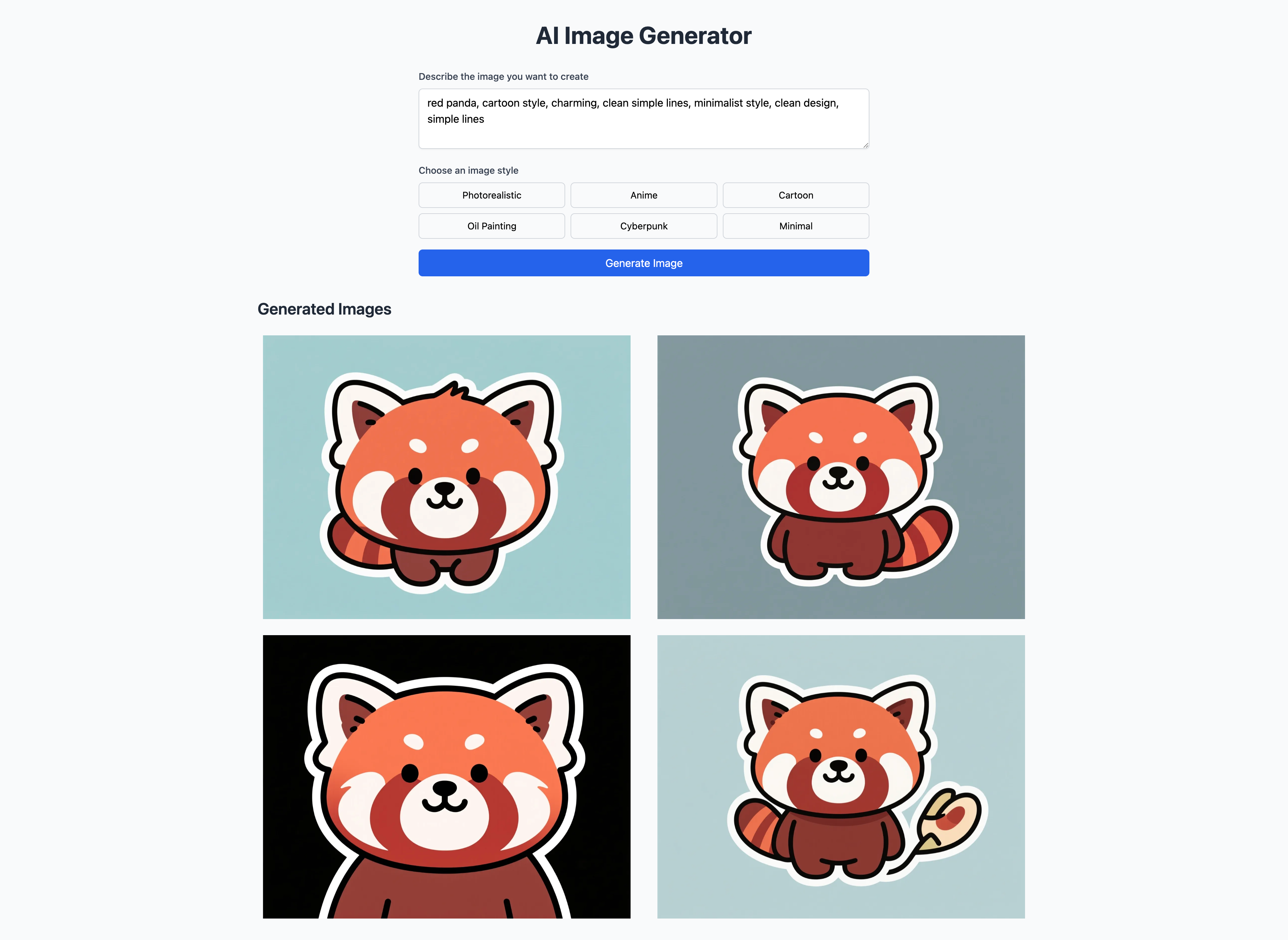AI image generator test producing four red panda images from one prompt