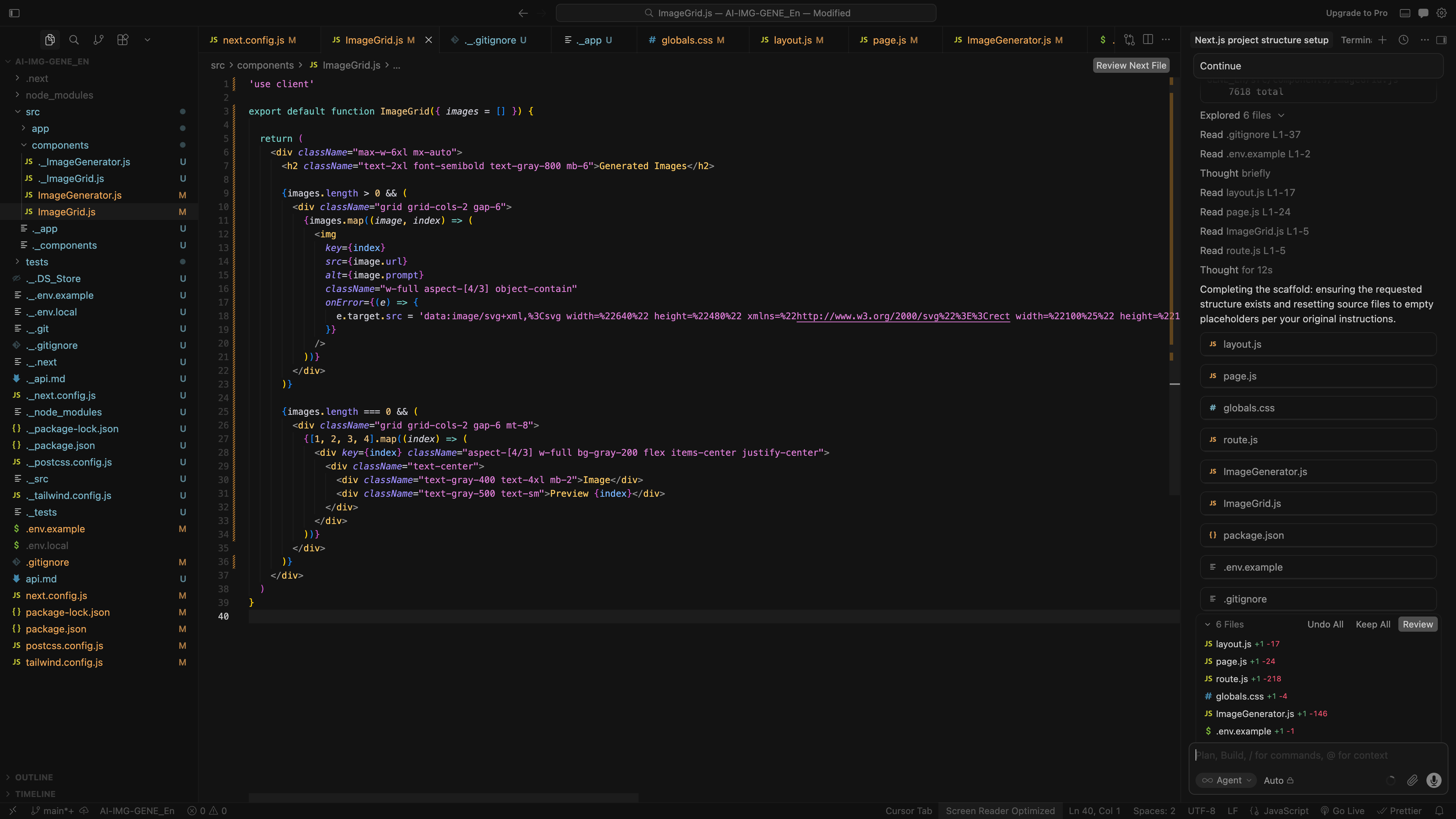 Cursor editor implementing the AI image generator frontend and API route