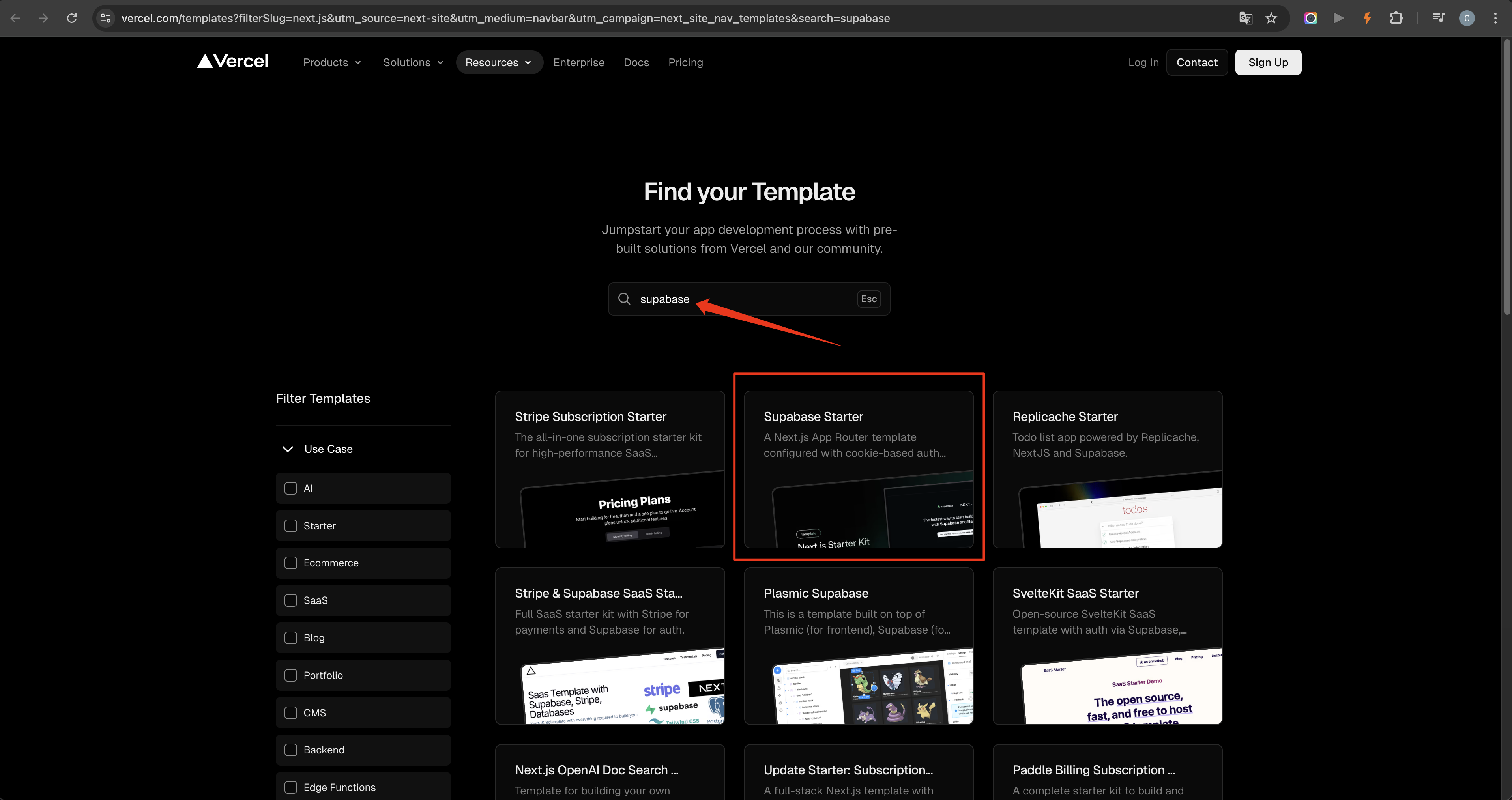 Vercel template gallery highlighting a Supabase starter for the full-stack app