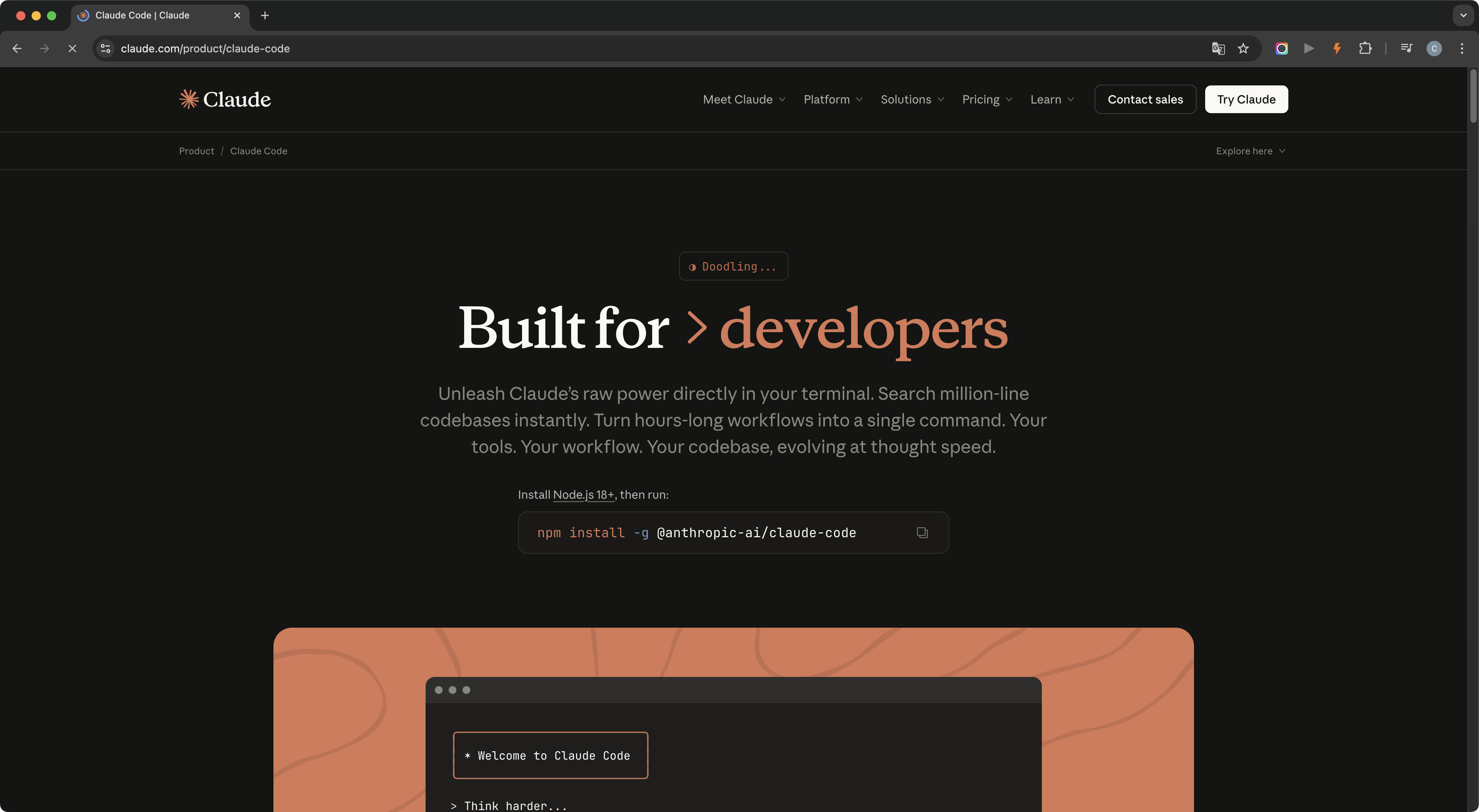 Claude Code website for installing the terminal AI coding tool