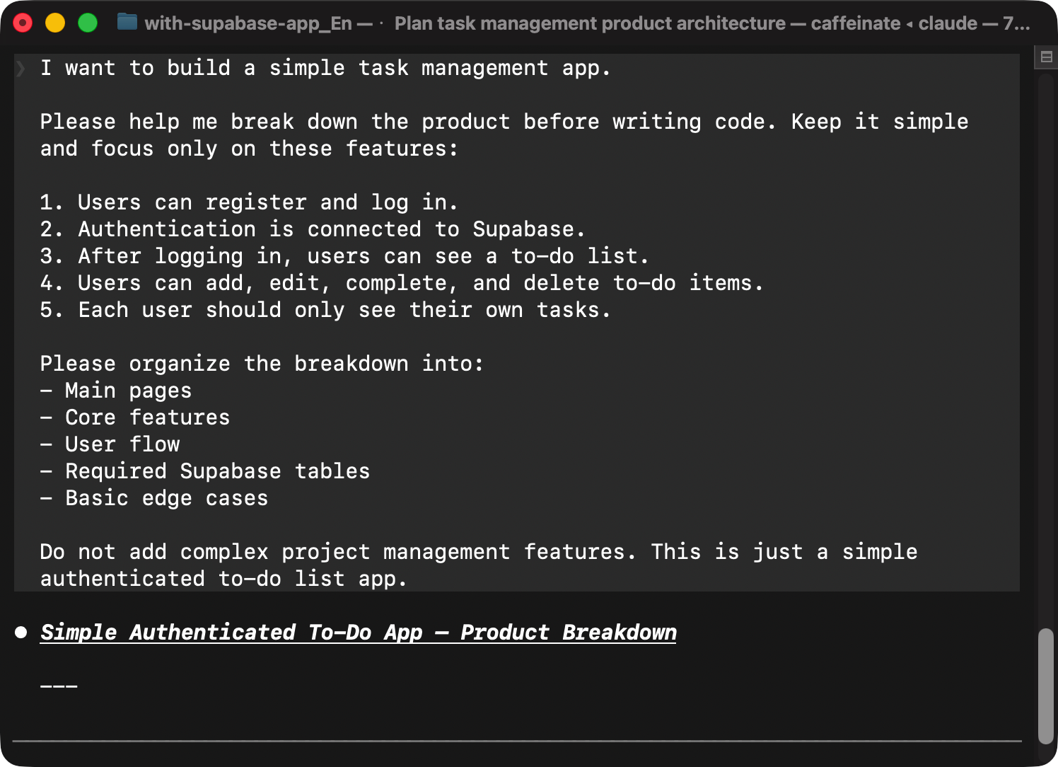 Claude Code terminal prompt breaking down authenticated to-do app requirements