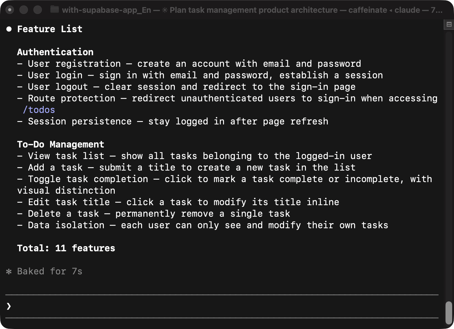 Claude Code feature list for authentication sessions and to-do management