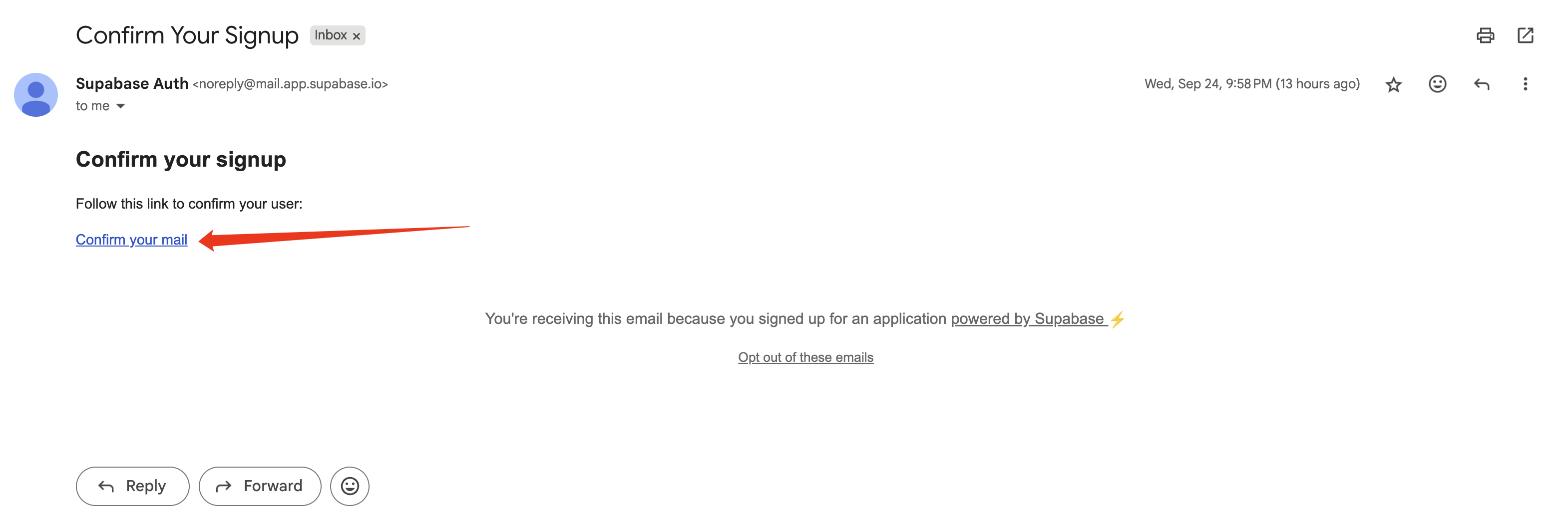 Email verification message sent by Supabase for the registration flow