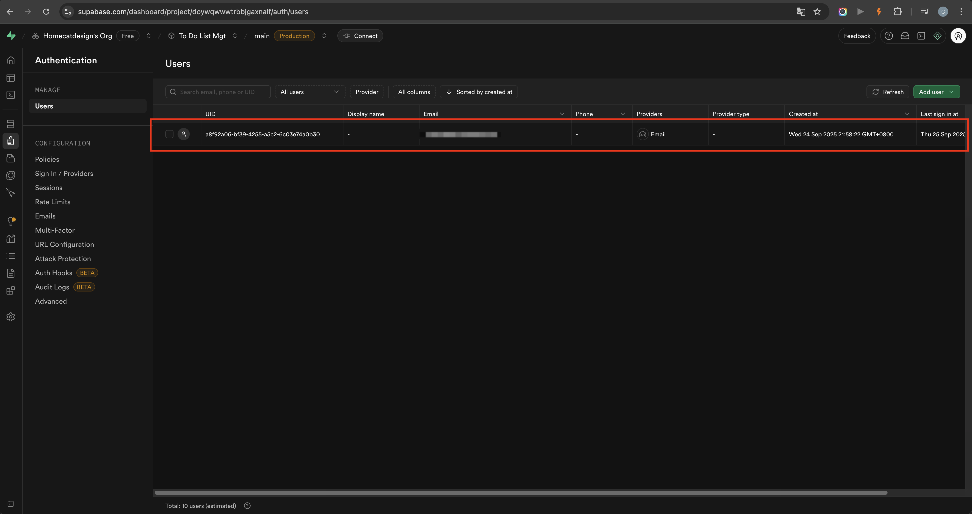 Supabase table editor showing a saved user row after authentication