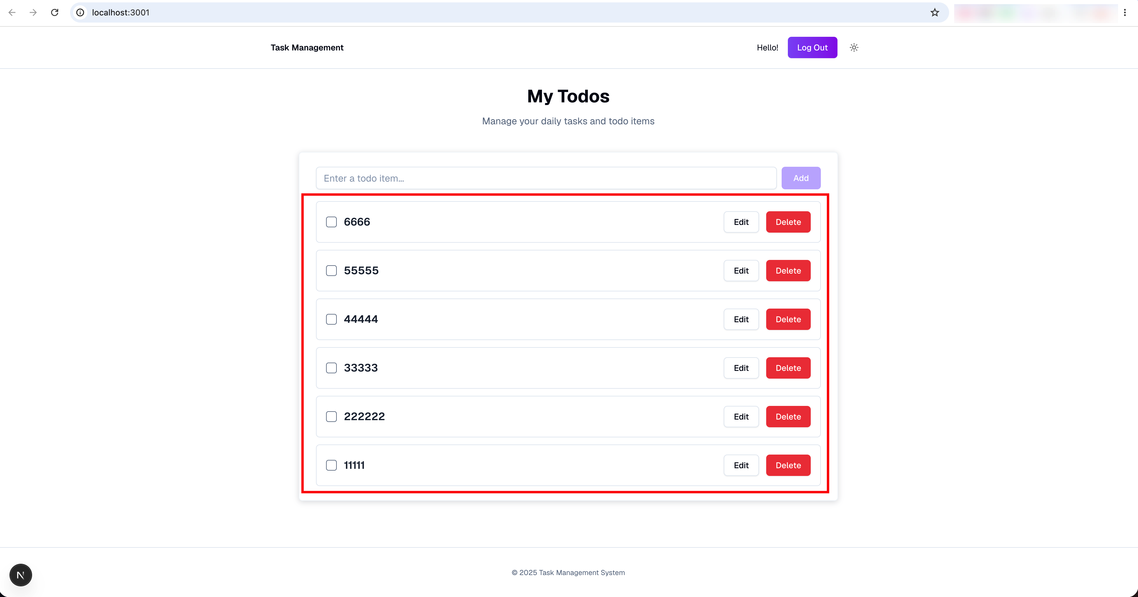 To-do app showing multiple guest tasks with edit and delete controls