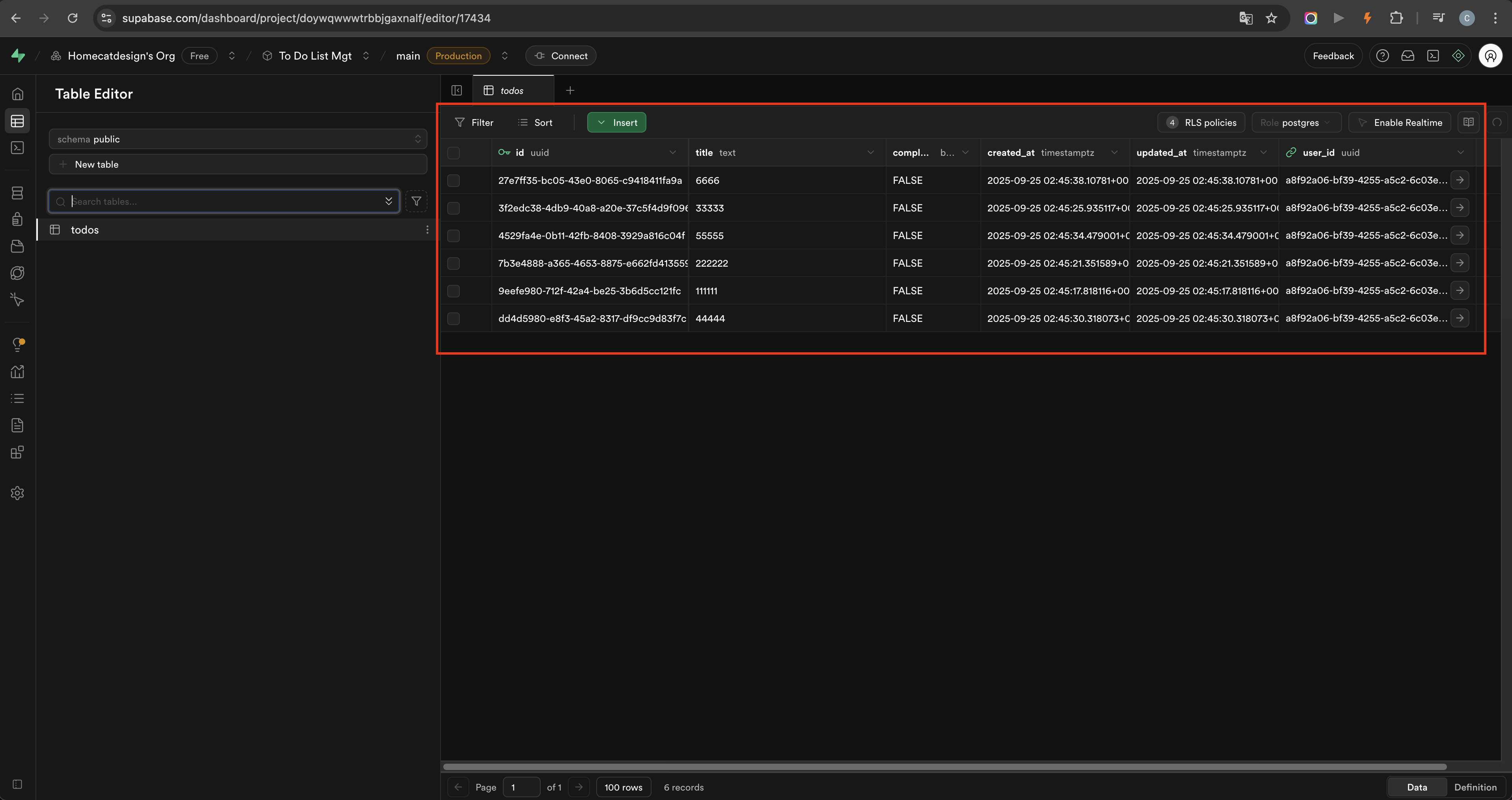 Supabase tasks table storing multiple to-do rows after registration