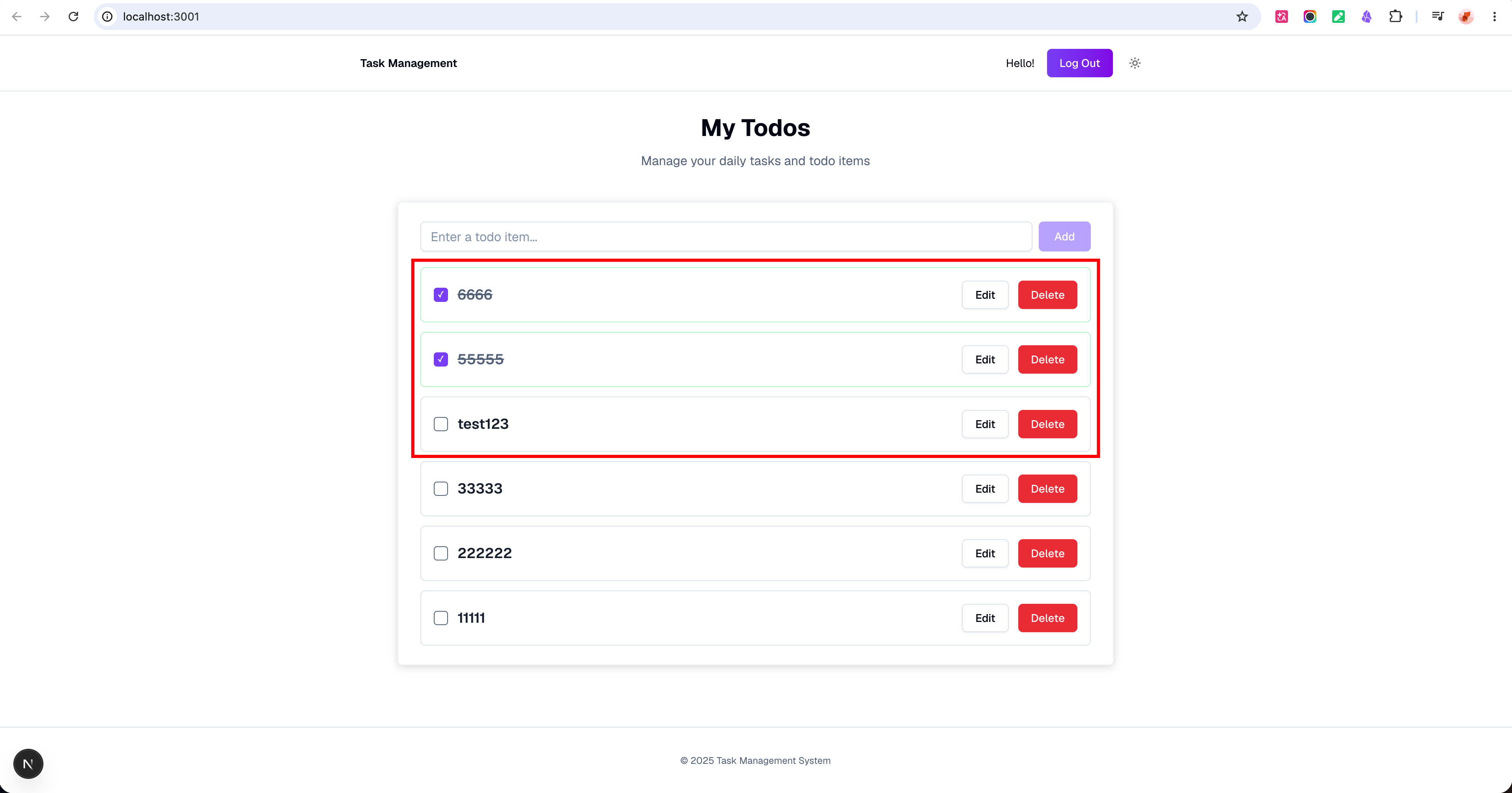 Logged-out state test showing temporary guest tasks in the to-do app