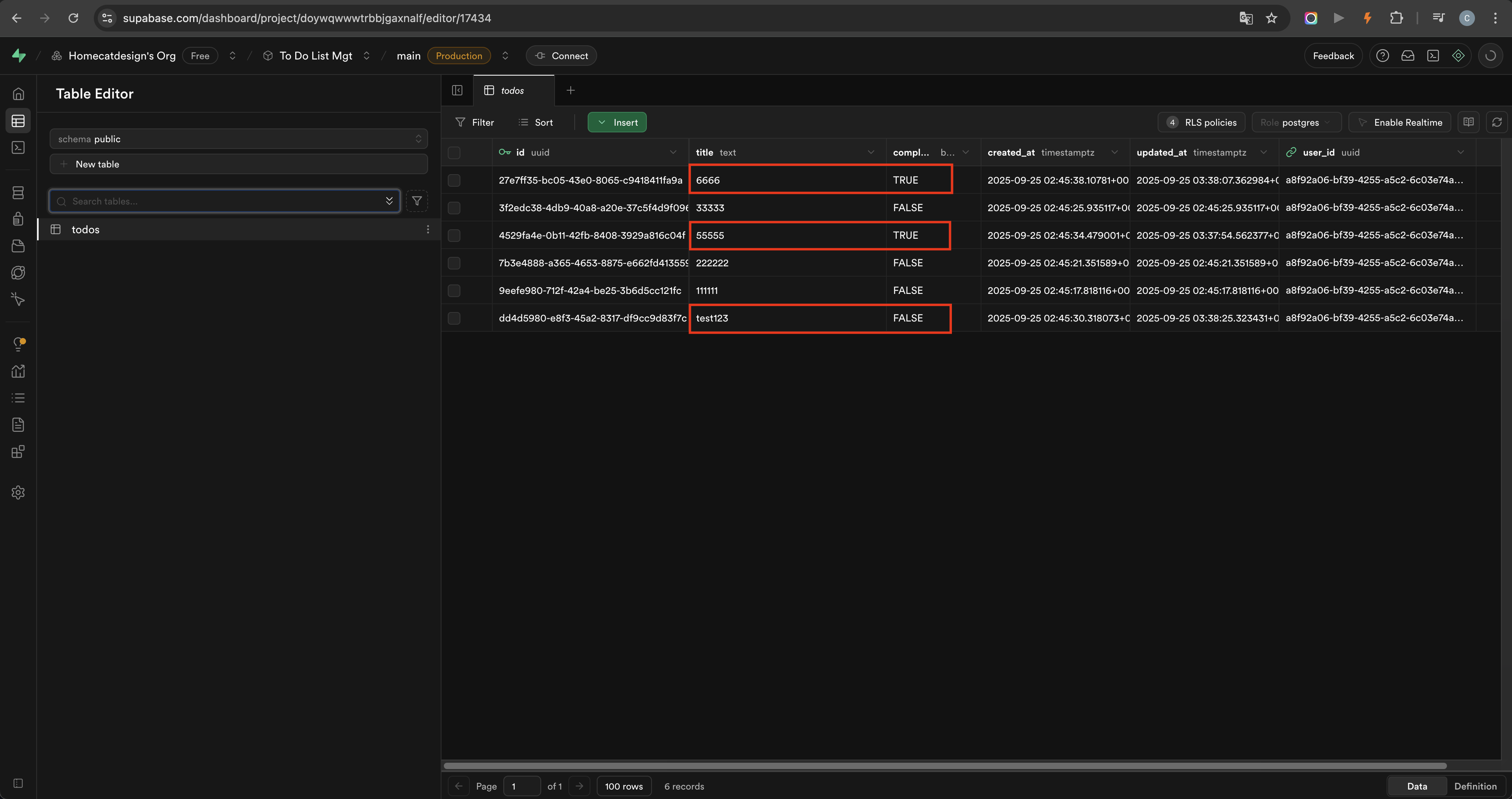 Supabase database rows proving logged-in tasks persist after refresh