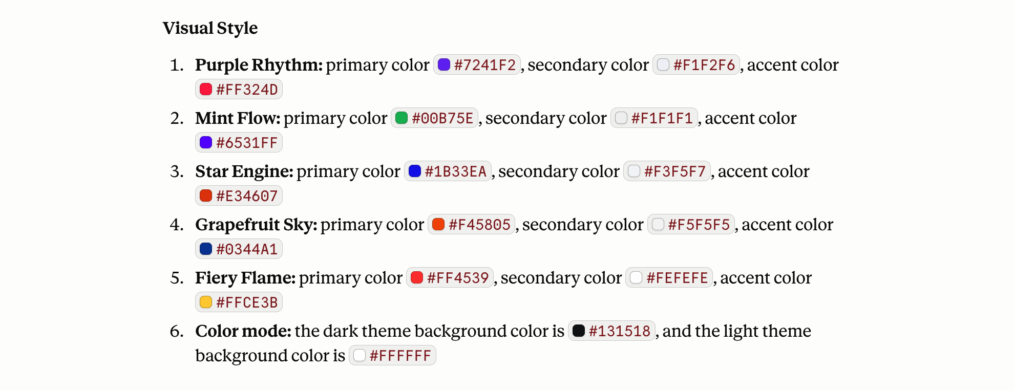Prompt system list of six predefined color palettes for vibe coding mobile UI