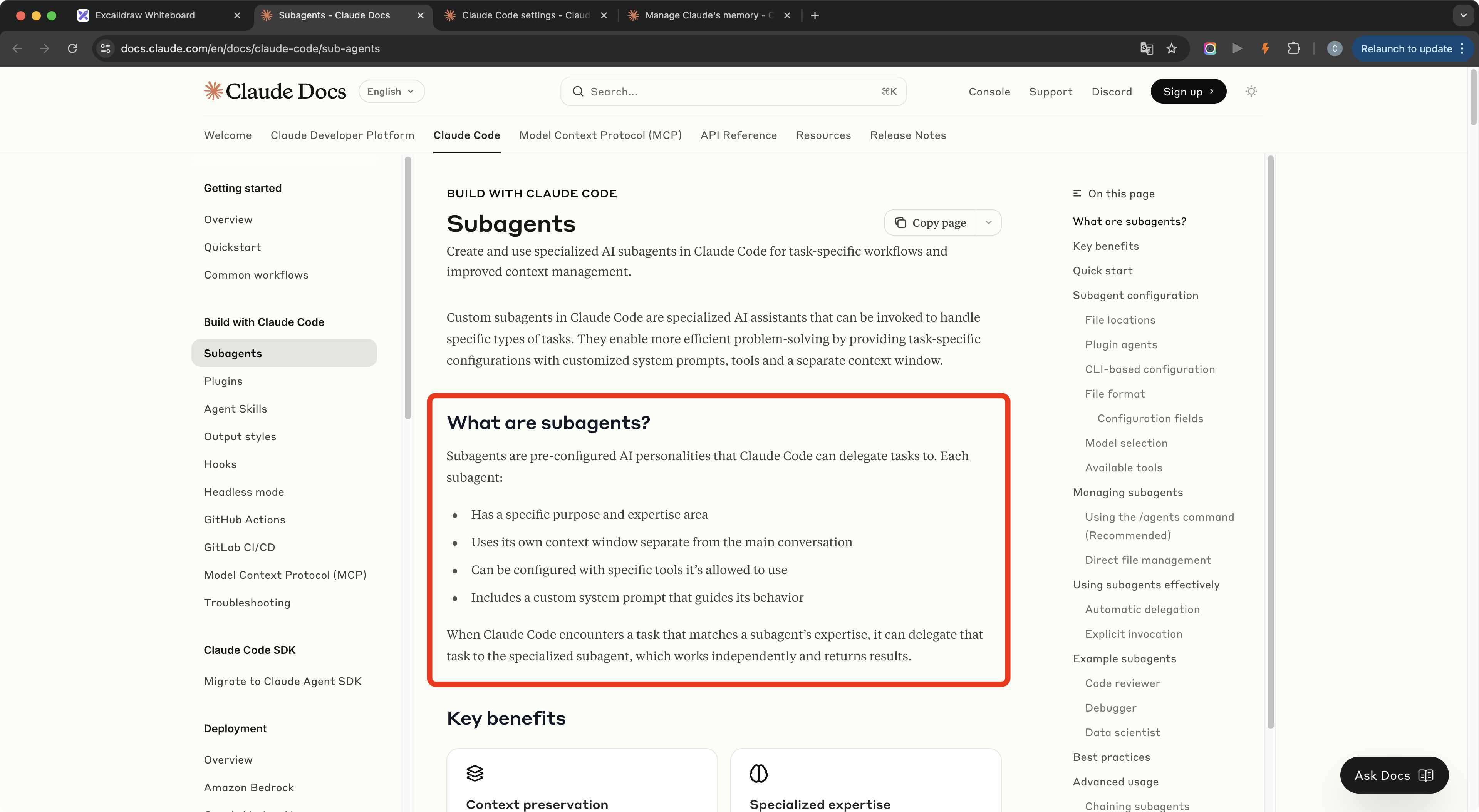 Claude Code documentation explaining when to use subagents