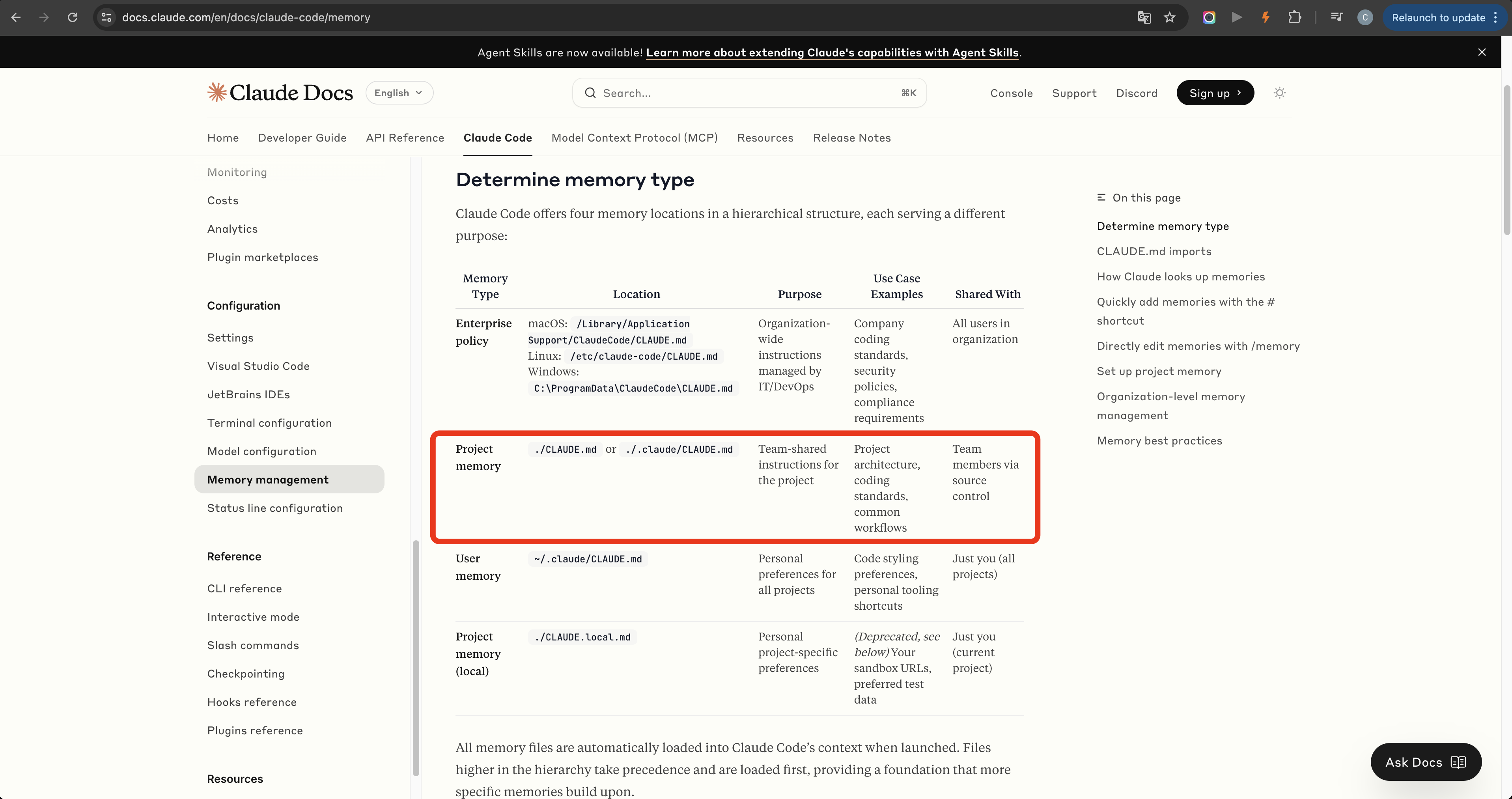 Claude Code documentation defining memory types for project context