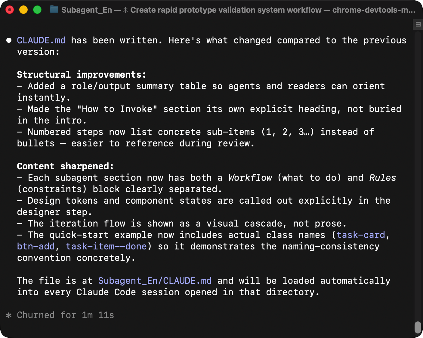 Claude Code terminal summary after writing CLAUDE.md project memory