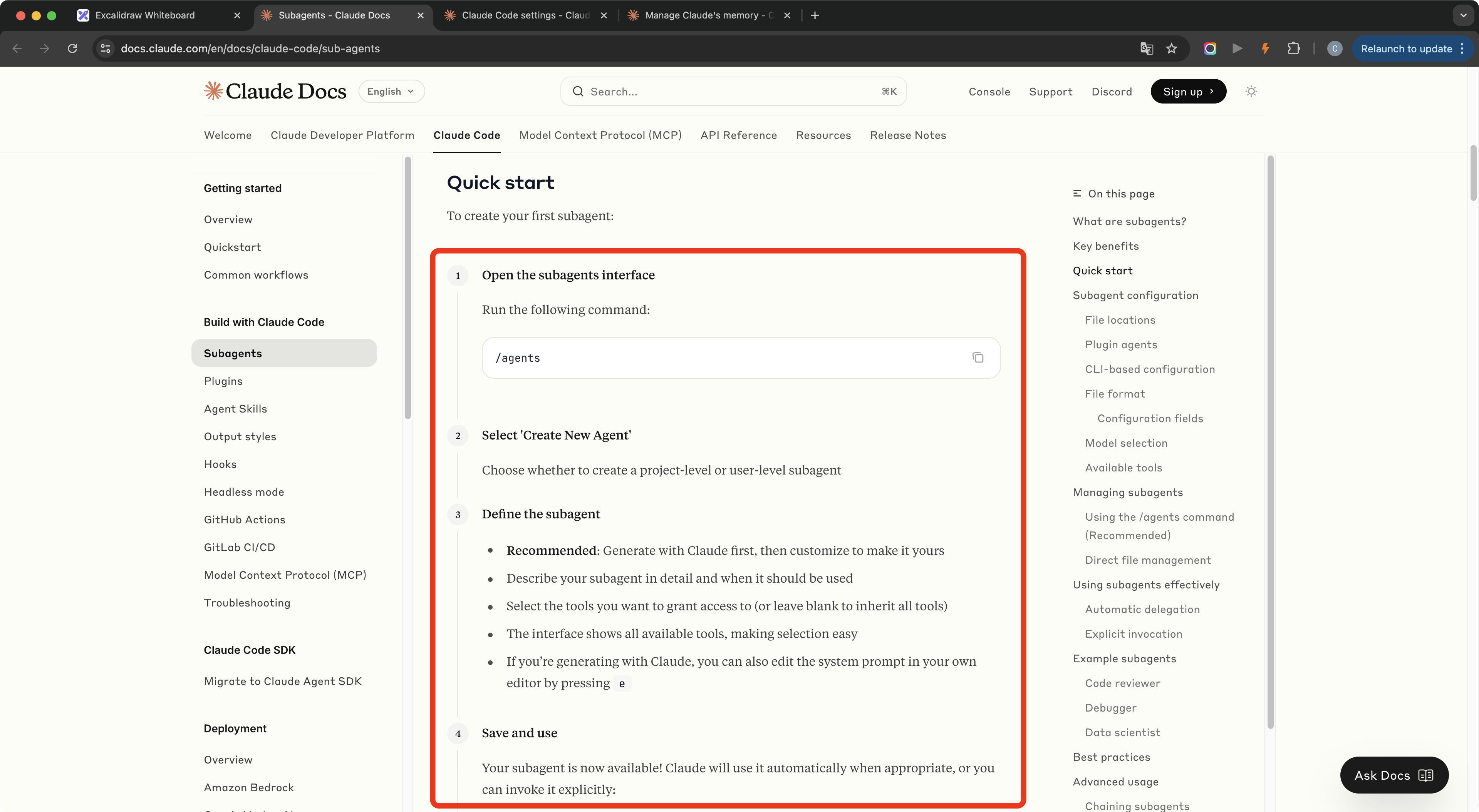 Claude Code quick start page showing custom subagent configuration