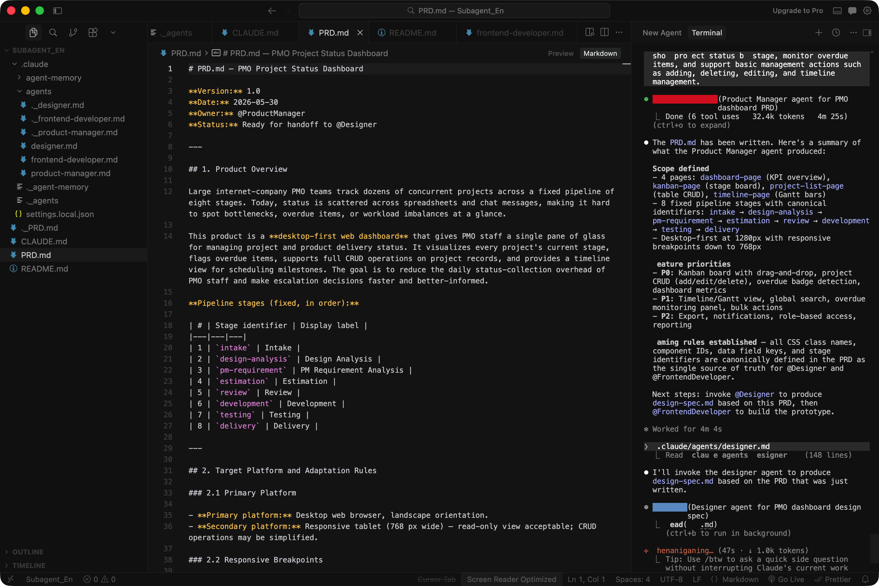 Cursor editor showing designer subagent output for a product dashboard prototype
