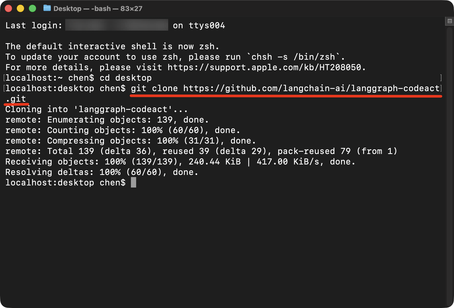 Terminal cloning LangGraph CodeAct repository for local research agent setup