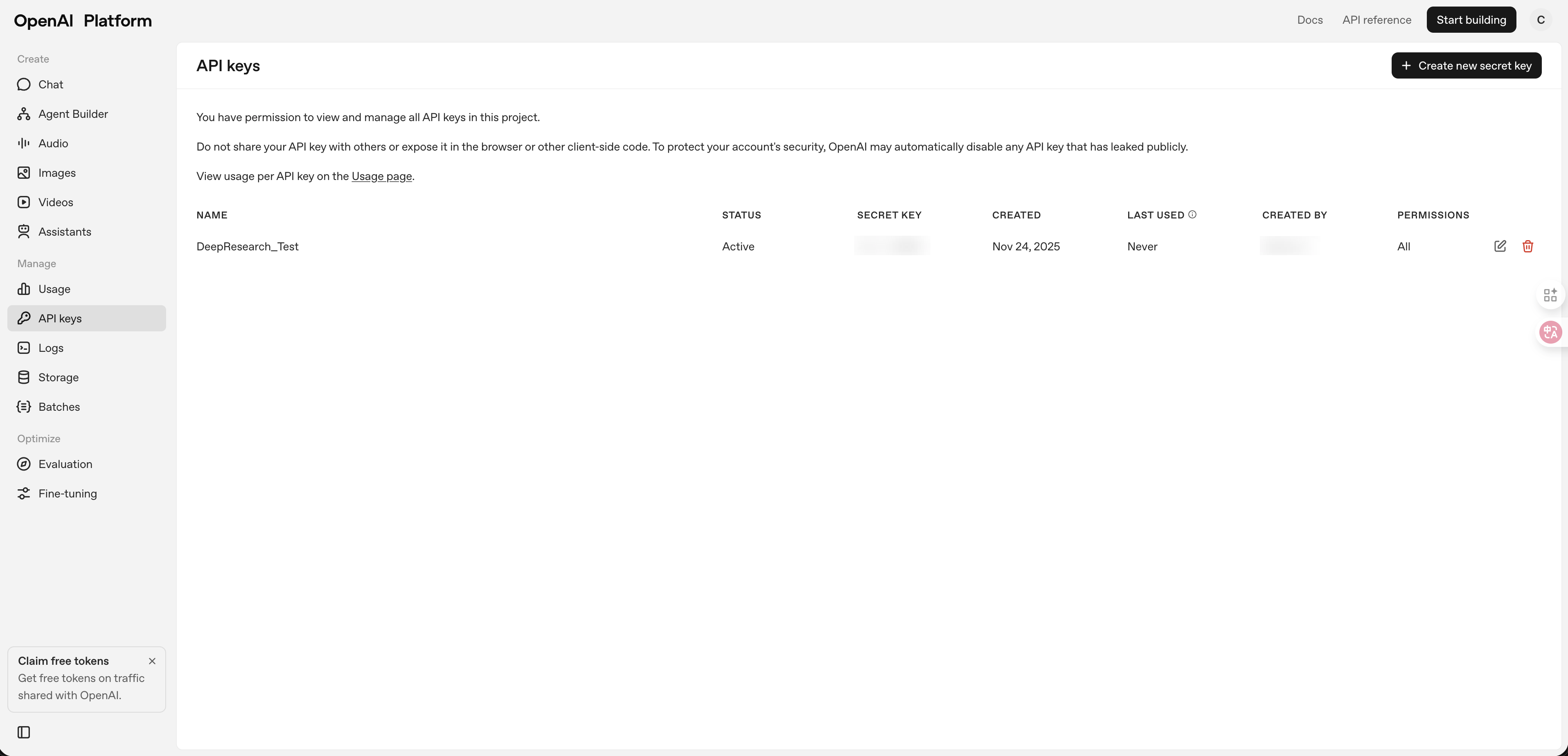 OpenAI platform API key page for deep research agent model access