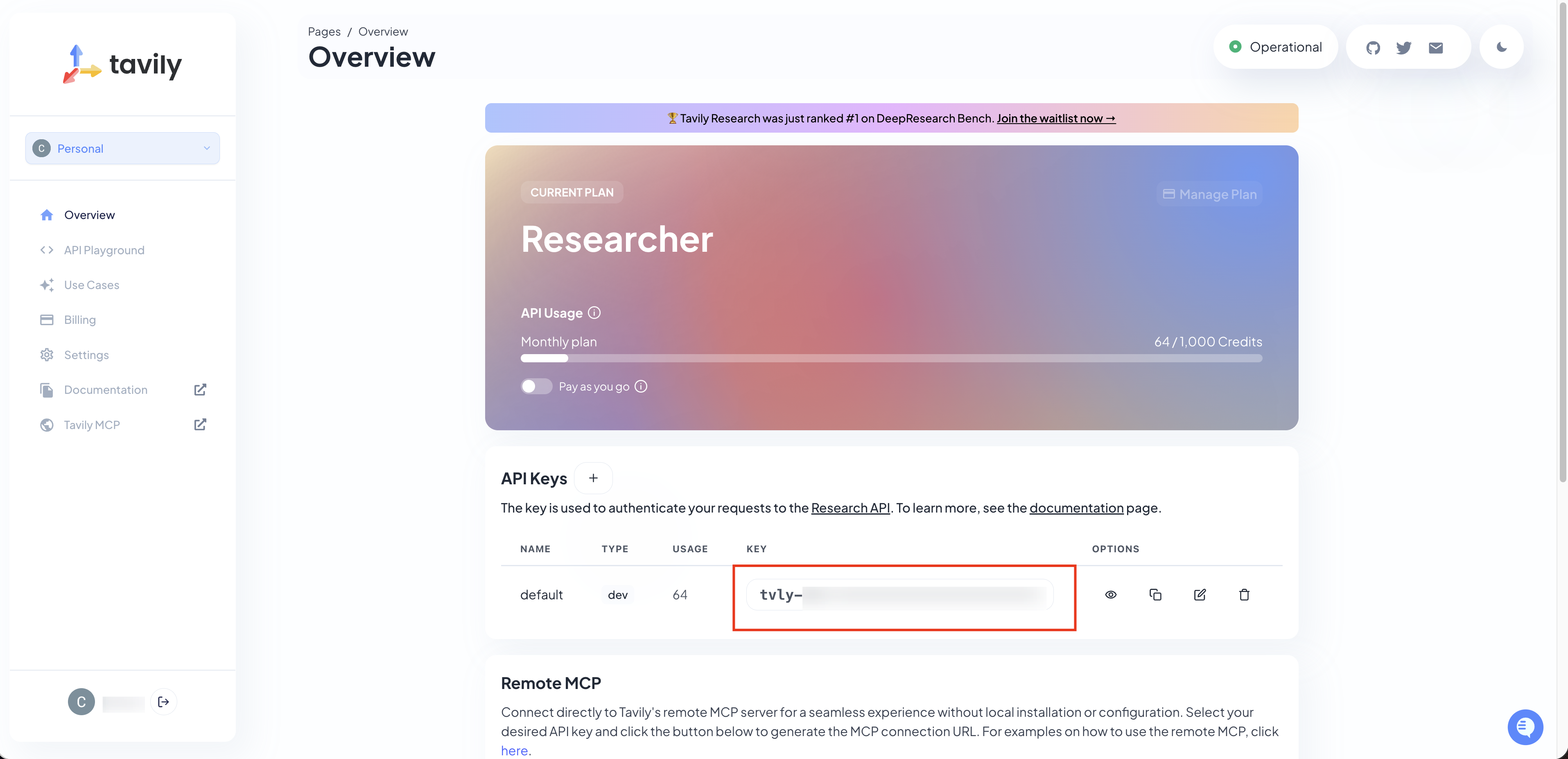 Tavily API key page used for deep research agent search integration