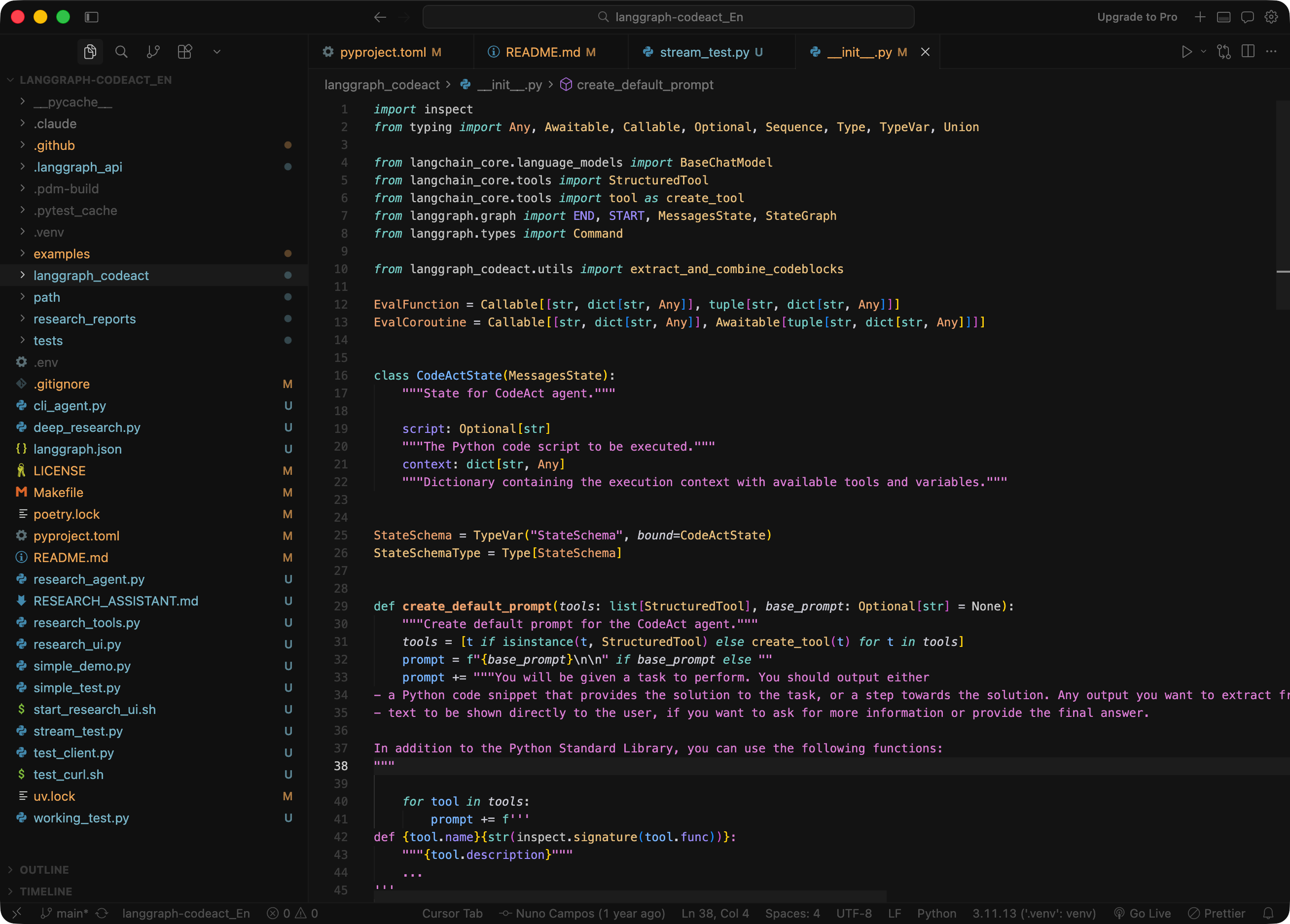Cursor editor showing Python code for deep research agent source handling