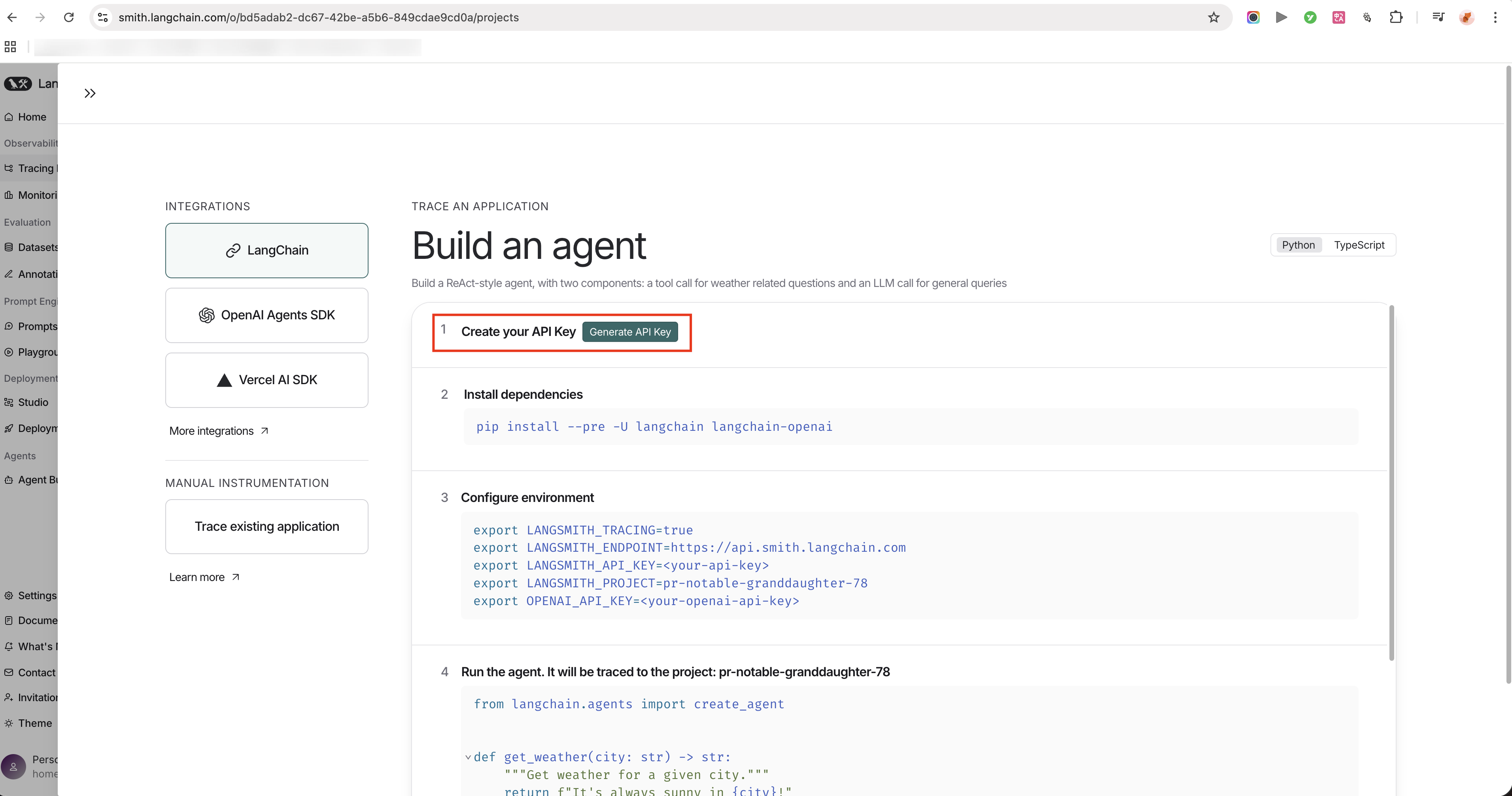 LangSmith trace page for observing deep research agent workflow execution