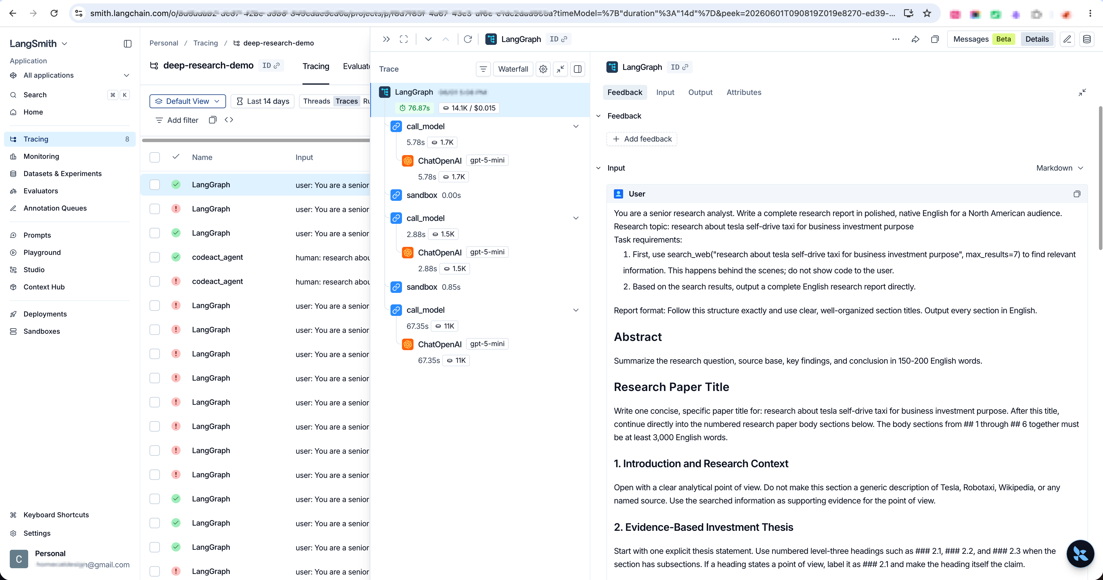 LangSmith run list with deep research agent trace and report output
