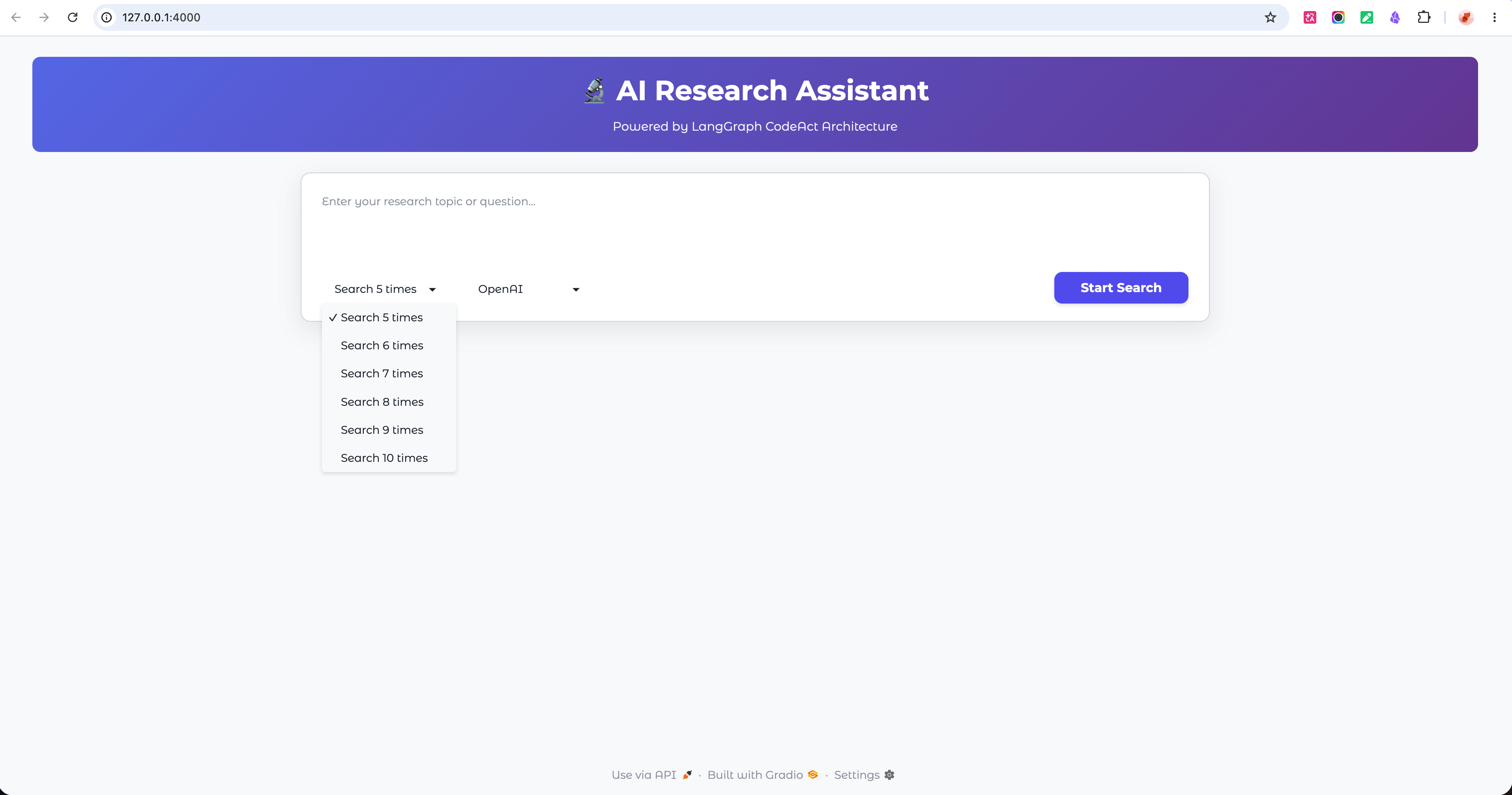 AI research assistant frontend with search round selector control