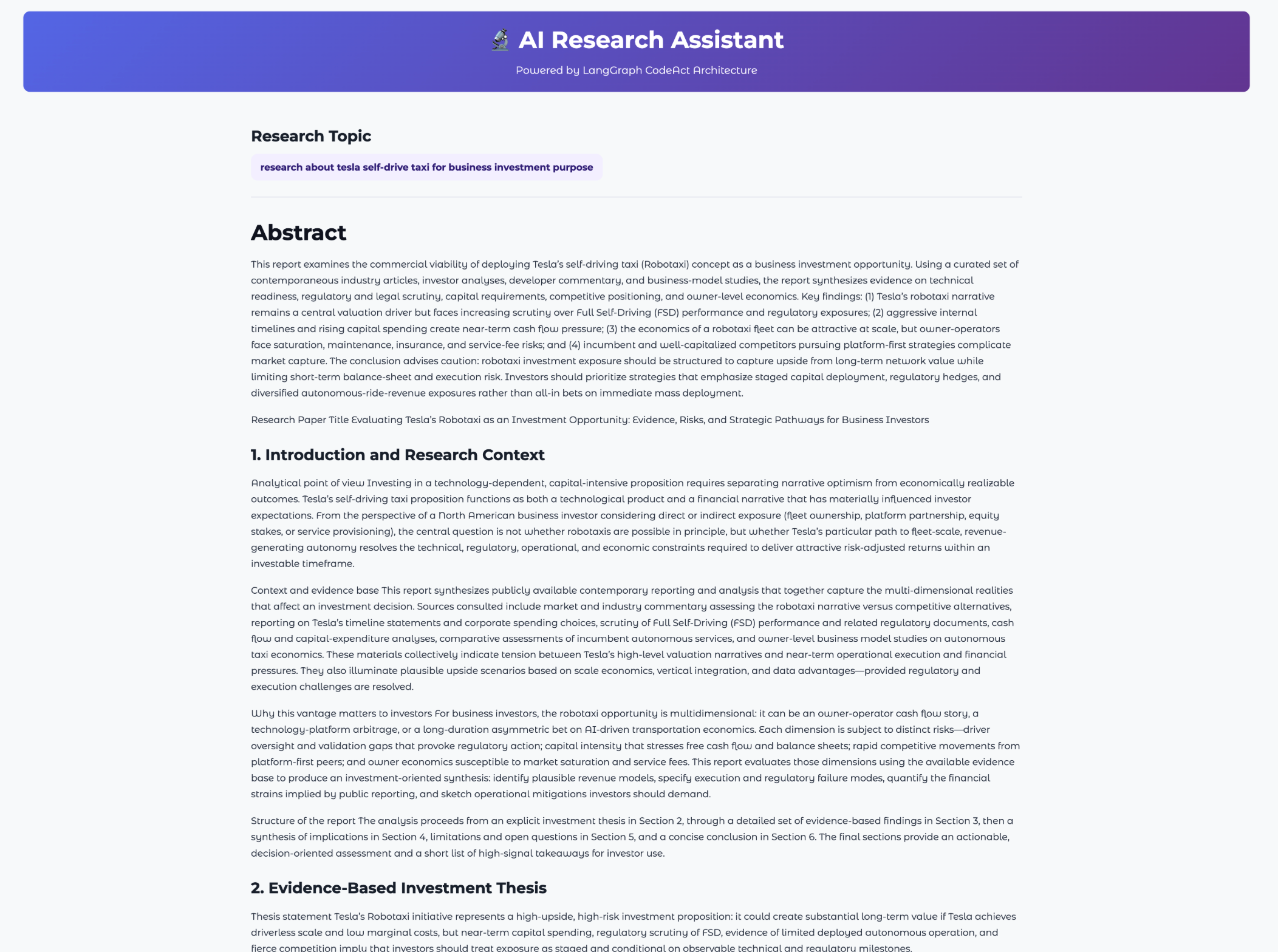 AI research assistant report output with abstract and research sections