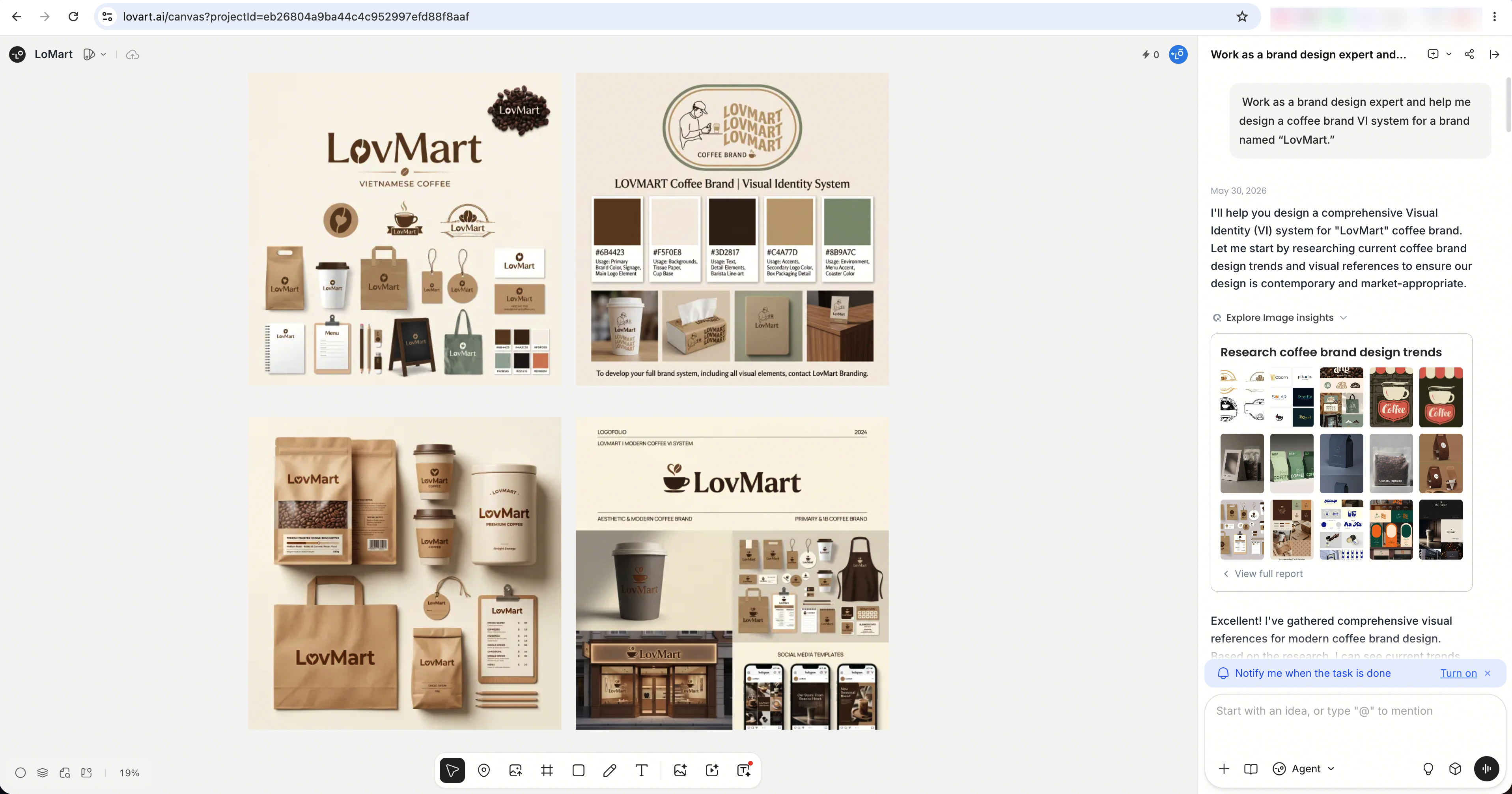 Lovart canvas showing generated brand mood board for product evaluation