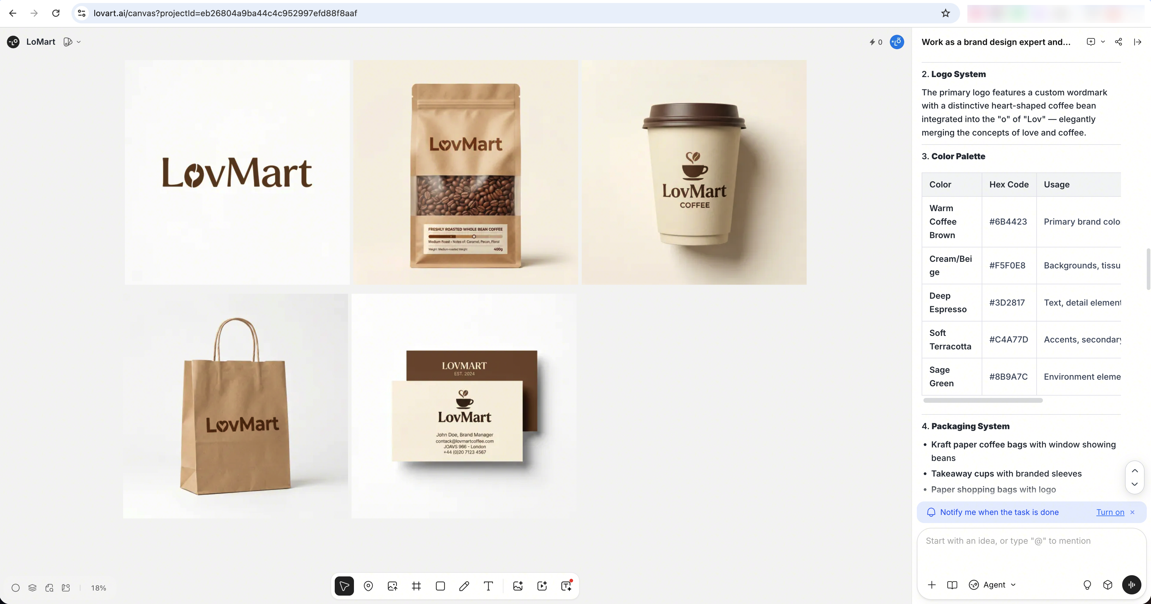 Lovart canvas showing brand package outputs and chat reasoning panel