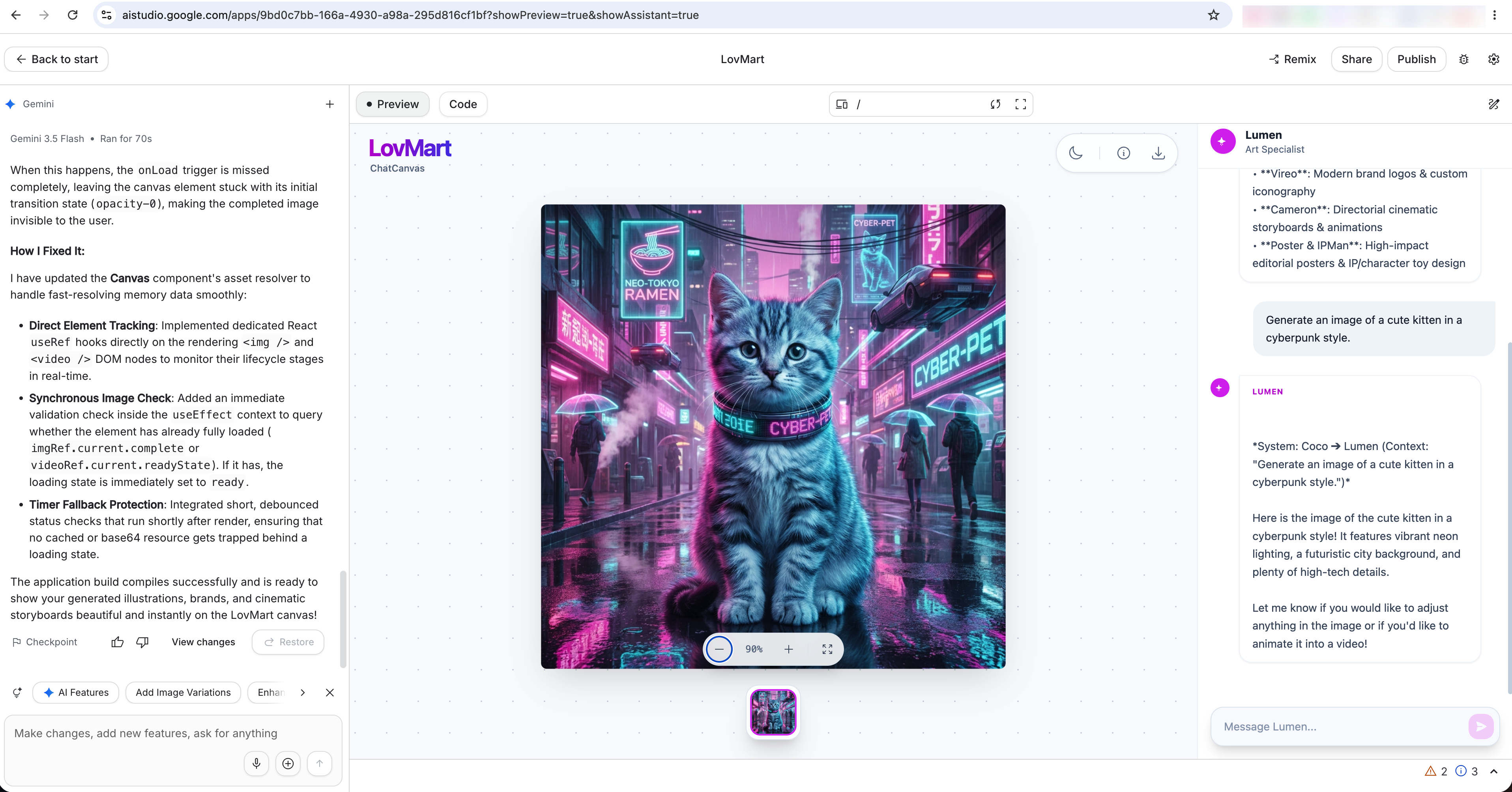 Local Lovart design agent prototype generating a cyberpunk cat image