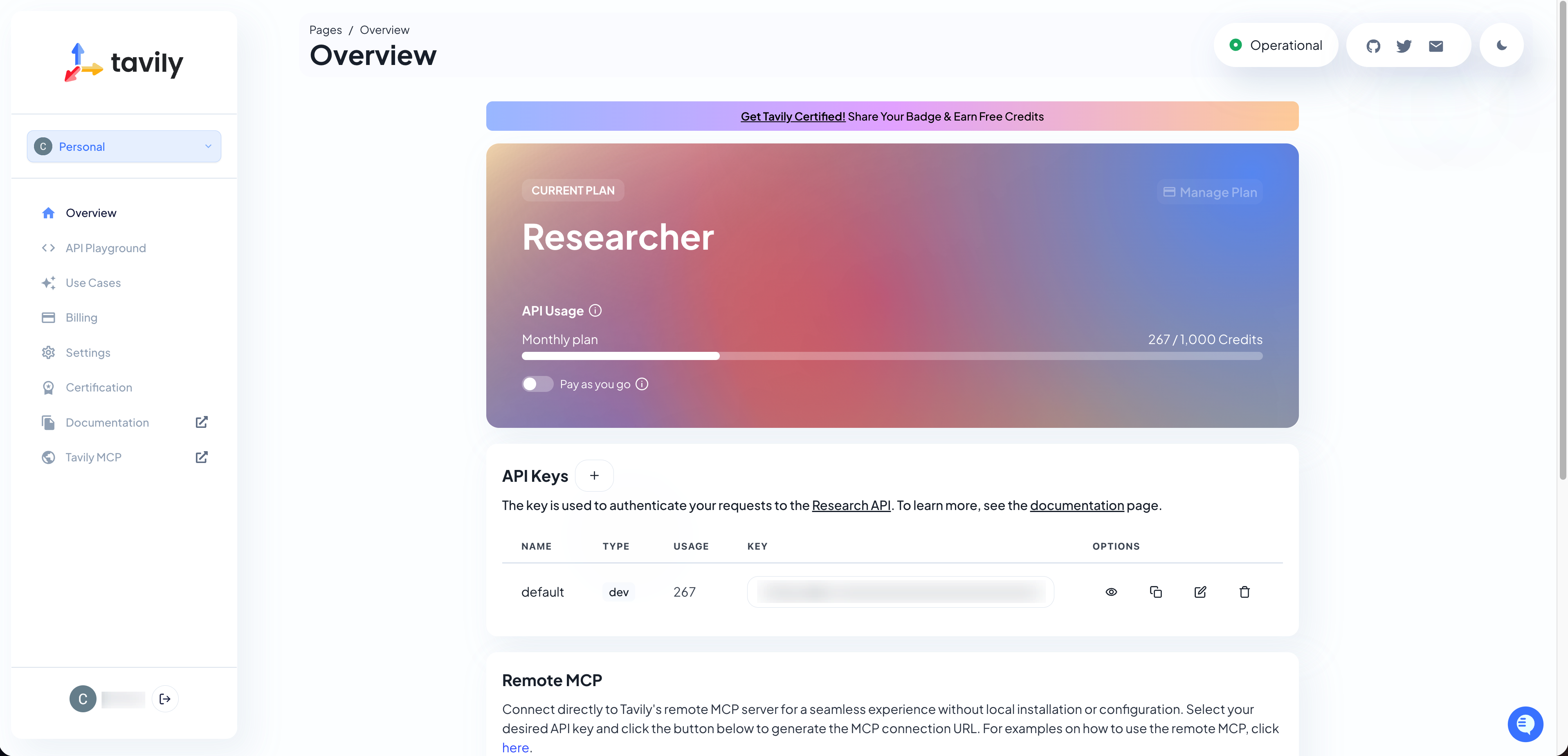 Tavily API key page used to add search to the Lovart design agent