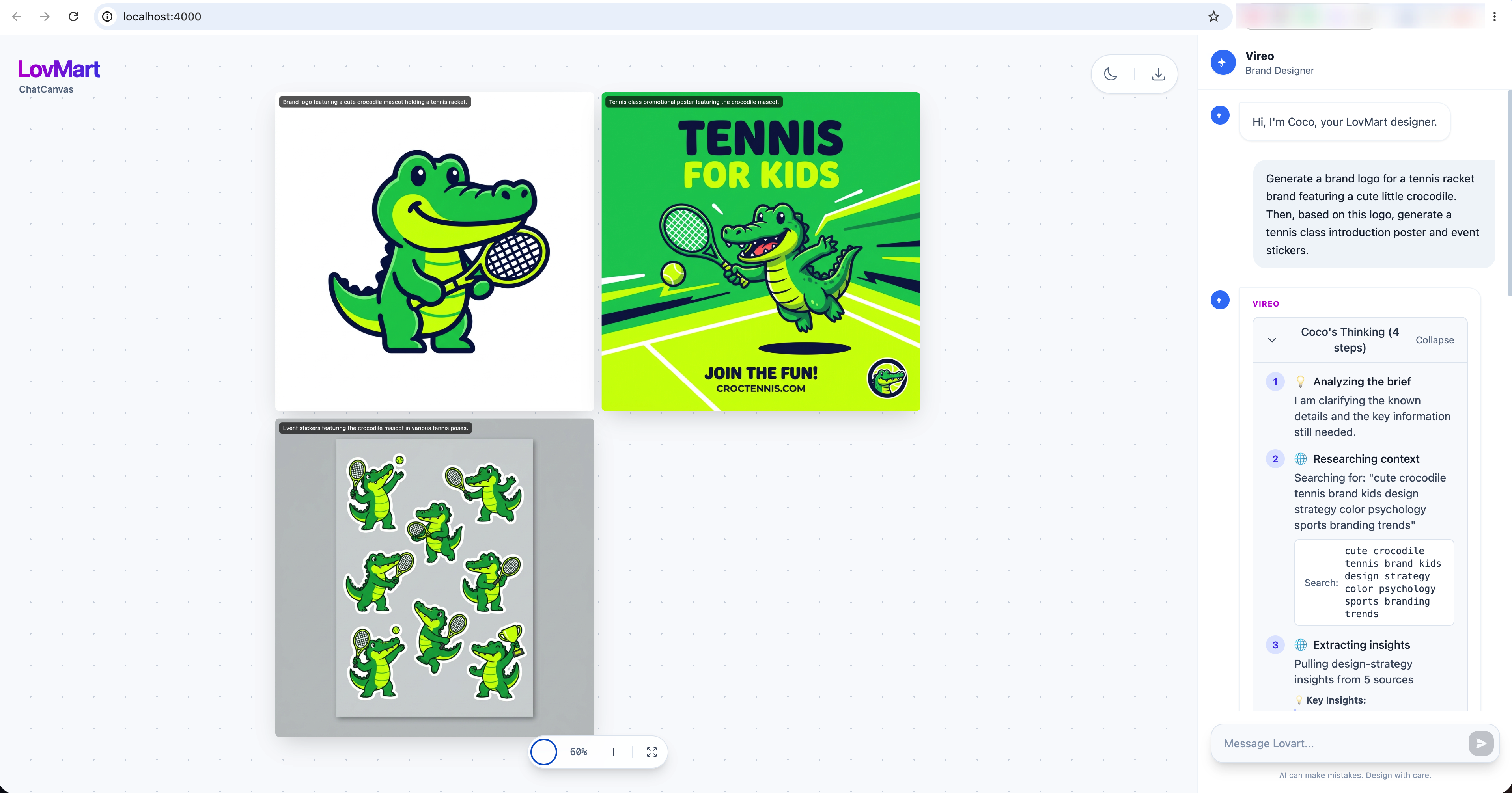 Lovart-style prototype output with crocodile logo poster and stickers