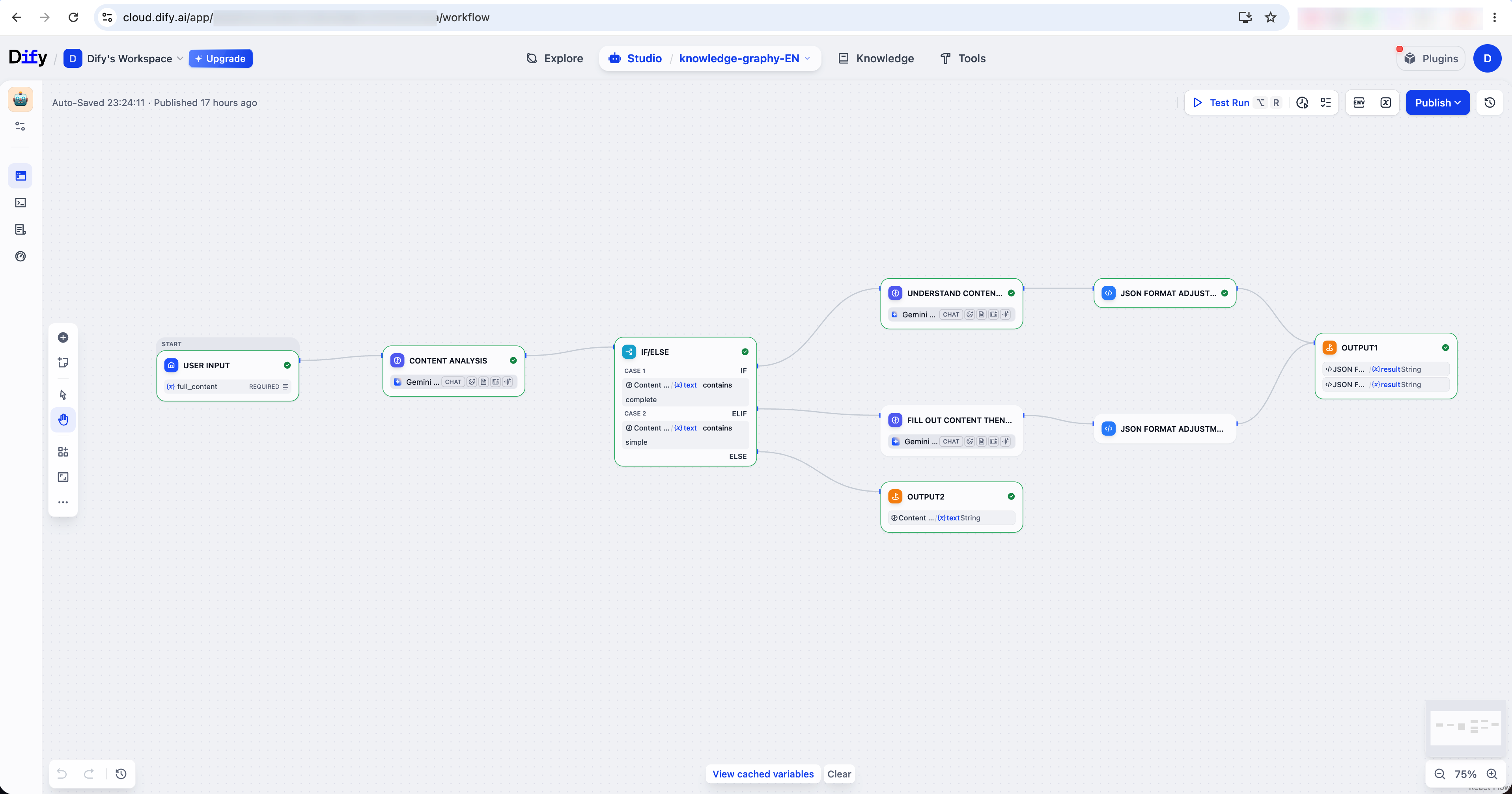 Dify canvas workflow routing user content into AI presentation generation paths
