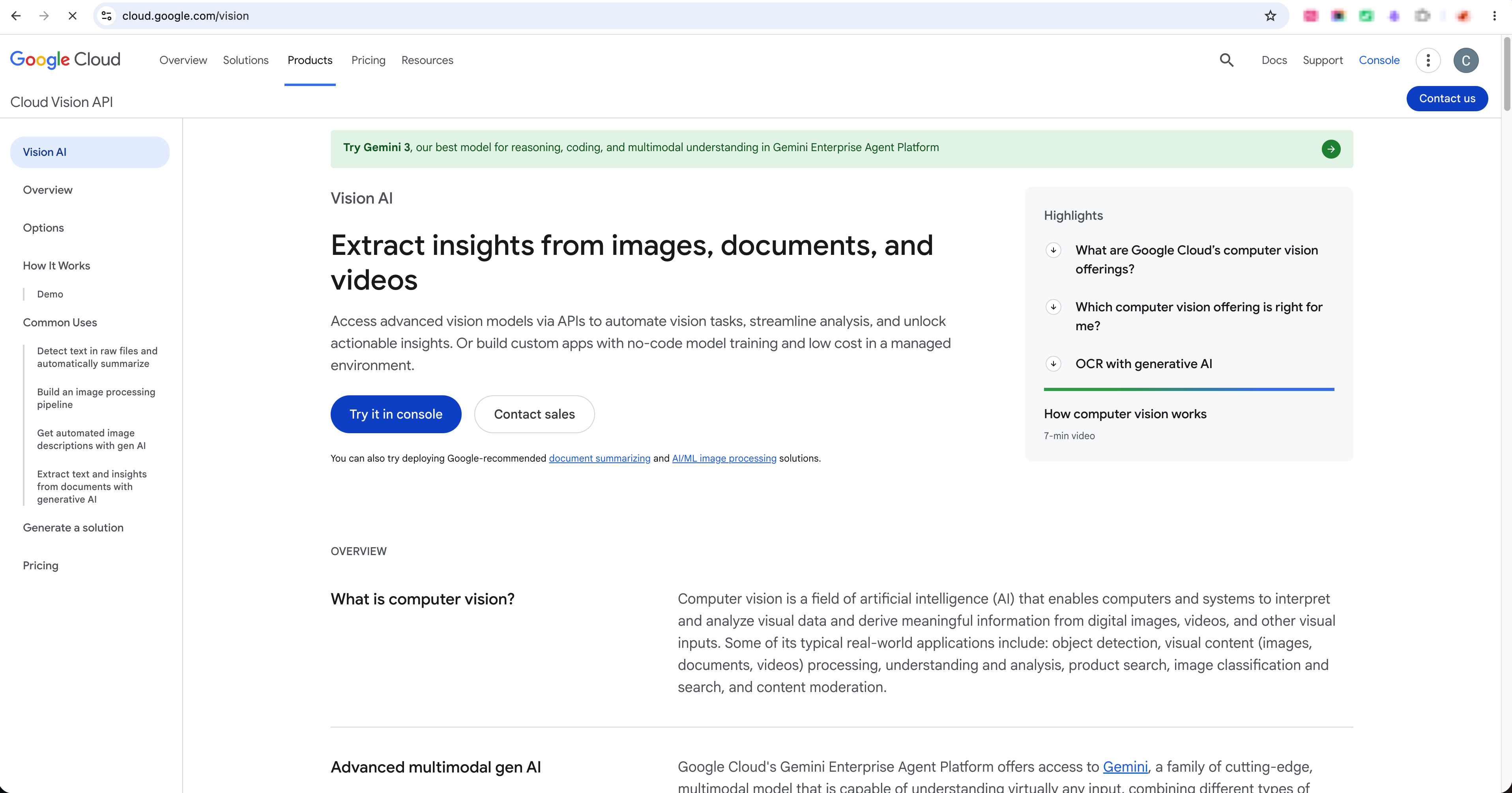 Google Cloud Vision documentation page for OCR text extraction from images