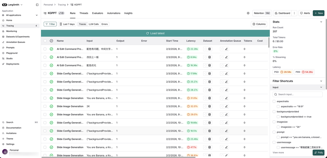 LangSmith evaluation table for AI presentation agent pipeline testing