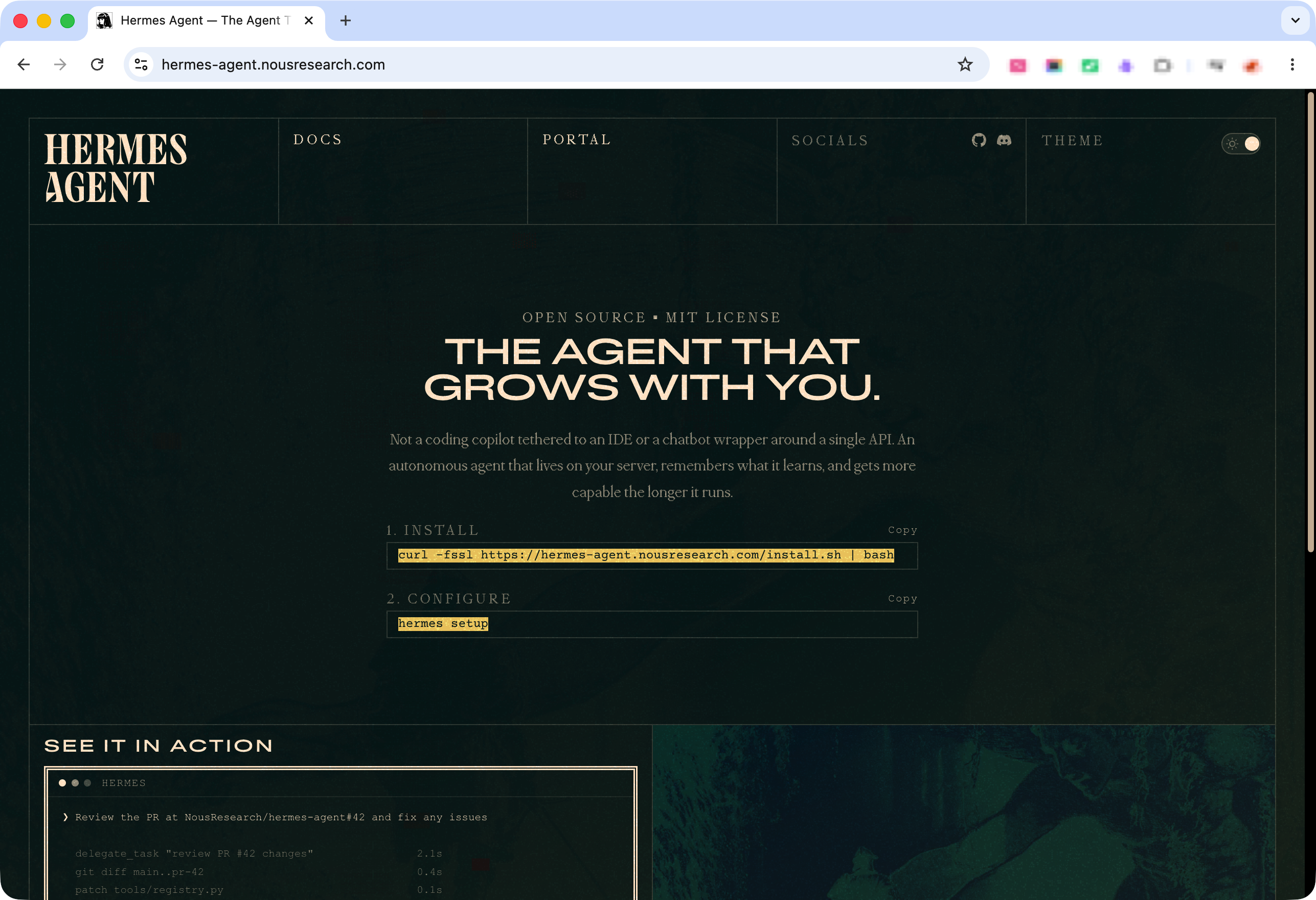 Hermes Agent website showing install command for user research agent setup