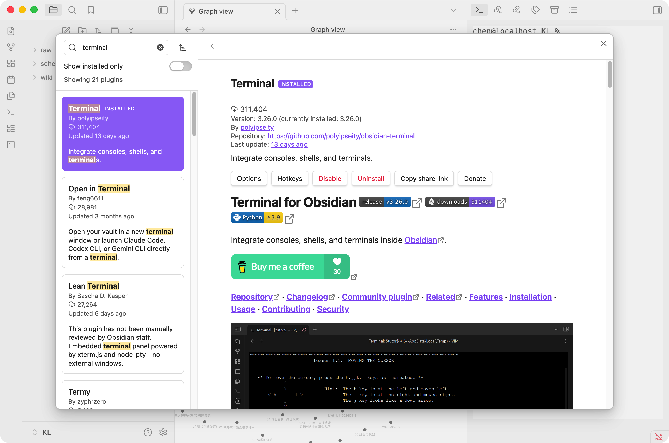 Obsidian community plugin view with Terminal installed