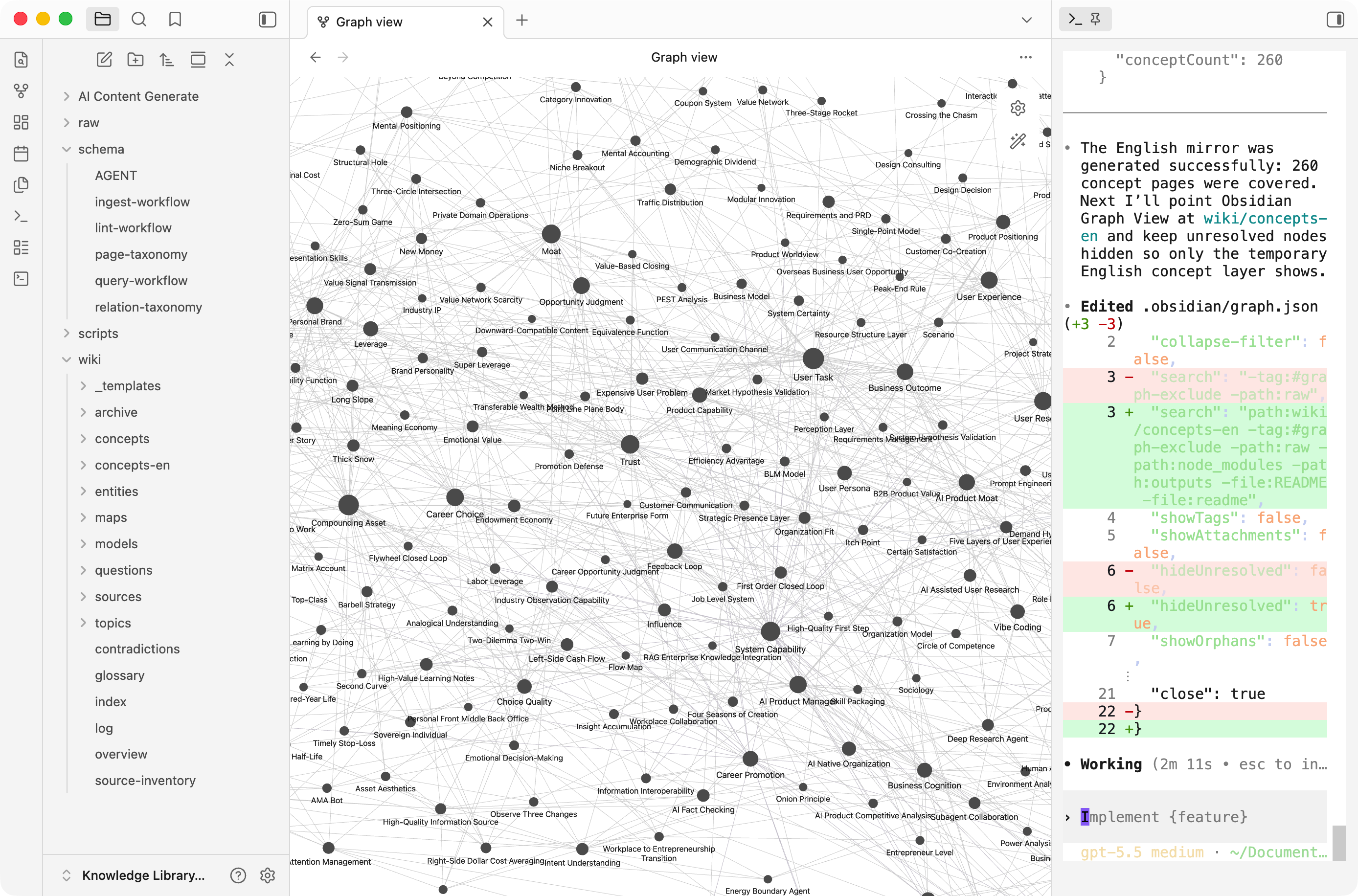Obsidian Graph View showing the extracted knowledge graph