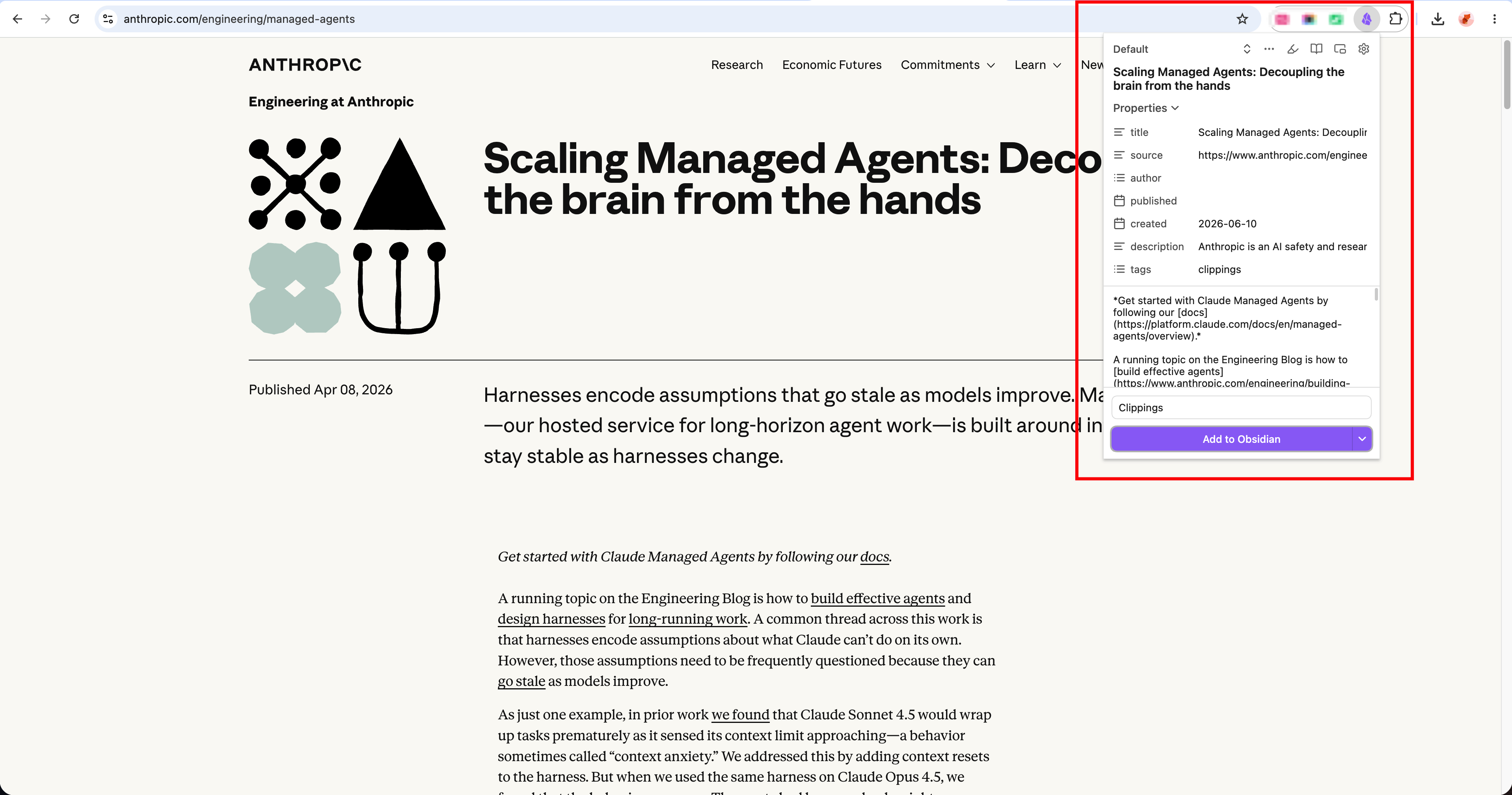 Obsidian browser clipper collecting web content into the knowledge library